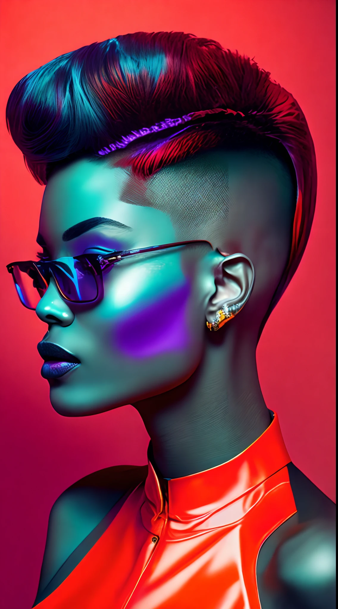 an AFRICAN woman a pair of glasses, Tapered hair, well cut, well shaved on the sides and back, style, a crazy piece in the 90s piece, brincos, Colorful Trackextura latex jacket, glamour da cor do retrato, retrato colorido detalhado, retrato de alta qualidade, cor neon sangrar, Retrato colorido, color studio portrait, cores ultravioleta e neon, full-colour illustration, cores vibrantes hiper realismo, cores neon vibrantes, pop e cores vibrantes, moda colorida, cor neon, cor estilo cyberpunk, iridescent illustration(best quality,alto,ultra-detalhado,Realistic:1.37),retrato,personagem feminina,red latex military jumpsuit,(encaixe apertado,recuado,preciso,elaborar),Solid Bottom Shaved Side Hair Short Top, corte de cabelo preto pixie undercut, cabelos naturais, cabelos cacheados e curtos, laterais raspadas, short hair on sides of head, cabelo preto curto com gel, corte de cabelo de cortina curta preta, cabelo curto preto encaracolado, contornos definidos suaves
