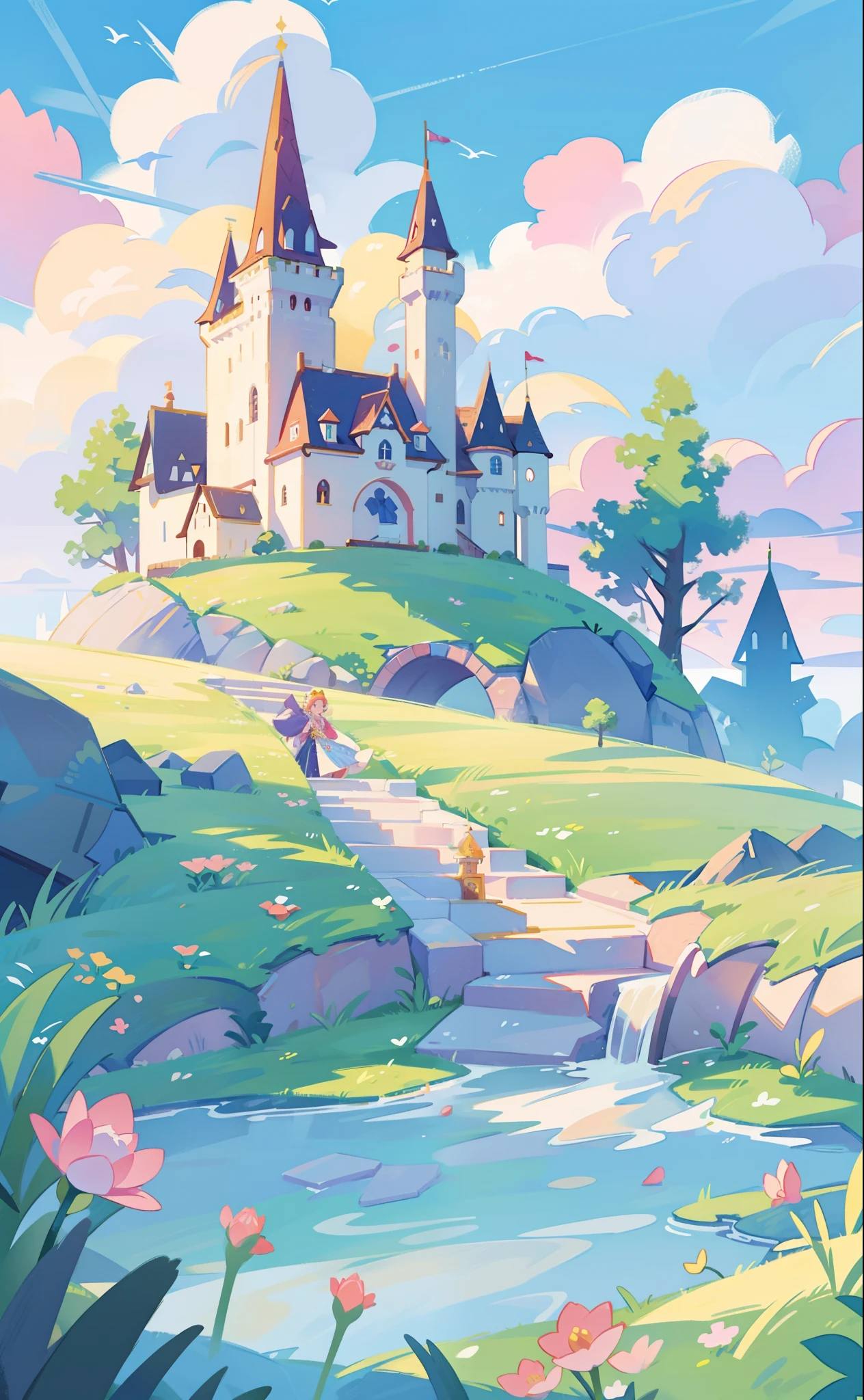 picture book illustration, watercolor storybook illustration, princess castle, fairytale castle, fairytale towers, clouds, vibrant pastel colors, dream, colorful, whimsical, magical, masterpiece, best quality, sharp focus, intricately detailed environment, fine detail, 8k resolution