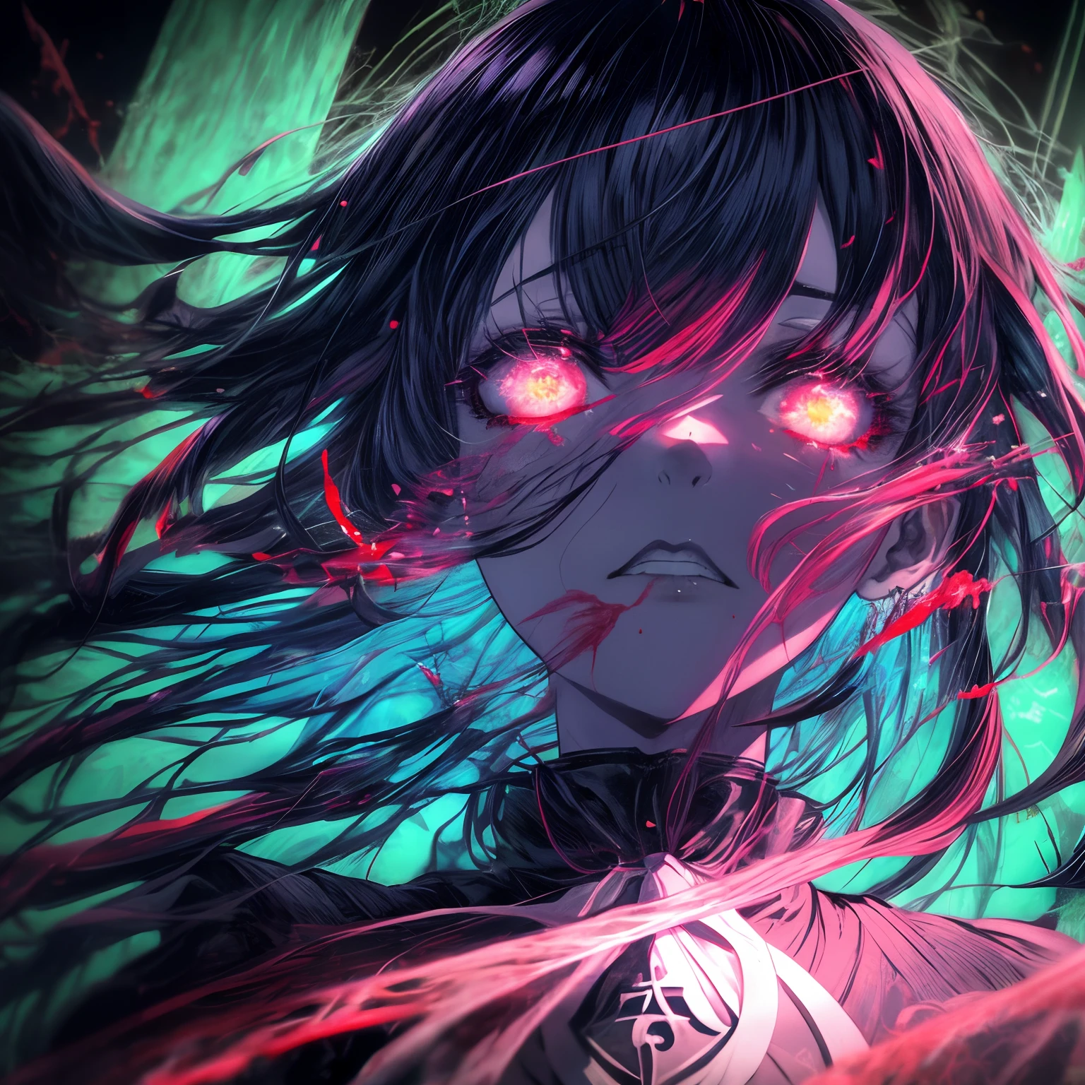 a closeup of  big demonic eyes, compound eyes, Unique demon ghouls, Unusual pupils,Kaneki, Monochrome, Radioactive light, anime2018::1,  neon::1, Neon color::1,, Part 1.5, detaled face, ultra quality, Ultra Graphics,  Flowering 1.0, l vampire, depression, ultra realistis, Anime IRL,Anime girl, Dark gothic Style, HDR, RTX, The body shatters , Detailed Face,soft-lighting, makoto sinkai,Digital Painting,looking up at the camera",  8K, big dreamy eyes,blurry, Smooth soft skin, Cloned face, Symmetrical,neon liquid, leaks from the eyes,anime art,photo, Face cracking  , ......key: neon, blood from the eyes, Realistic, Realistic light, Realistic anime, realistic shadows, Liquid, depressive, Clouds, Sakura, spider lily , A detailed eye, eyes focus, Lashes, fluffy lower eyelashes:1.5, pale face, Very neon eyes, gloomy horror atmosphere, Scary picture, woods, mist, Neon Liquid, flowing down from the trees, Dark atmosphere, The body shatters, braids, Sateen, blood on the ground, fire, eye closeup,The Better Generation, Ultra Generation, Generation 3000, 2048×2048......, Face detailing, Detailing clothes, Symmetrical balance, Tokyo Ghoul, death note, castlevania, l vampire, Kaneki, Anime 2020, Water and sky, black hair,Detailed hair, Tokyo Ghoul, death note, castlevania, Kaneki, l vampire, Depressive art, depression, ennui, Sadness, cry, pain, Black smoke, Black Energy, Tentacles, Kagune, bloods, blood on the face, A sea of blood, fetters, barbed wire, fire, Wide-angle camera, lots of fine detail, spider lily, Sakura, Sweet, Scalopendra, Black background, horror film, Hole in the case, Dead Inside, Dead Art, lying on the grass, Manga style, comic style, Multiple frames, The body is destroyed, Manga page, Eyes are everywhere, Lots of eyes in the background, Drawing of Ishida sui, art of Ishida sui, in the style of Ishida sui, Two people, in full growth, depressive posture, Spider flowers