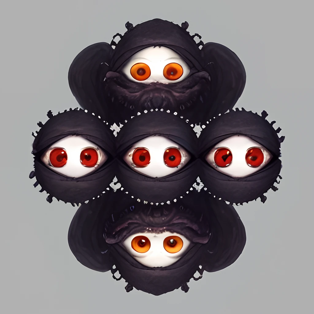Make me a monster with three heads, the left head having just 8 eyes and a scary mouth, the right head having just 8 eyes but two mouths, and the middle head having just one tiny eye and literally nothing else on the face. Now make the body SUPER buff and muscular with five legs.
