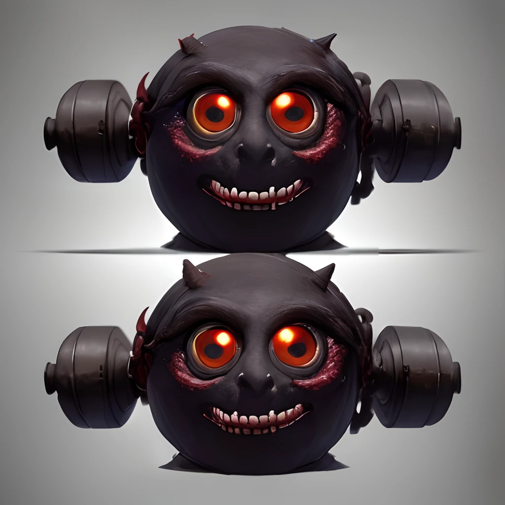 Make me a monster with three heads, the left head having just 8 eyes and a scary mouth, the right head having just 8 eyes but two mouths, and the middle head having just one tiny eye and literally nothing else on the face. Now make the body SUPER buff and muscular with five legs.