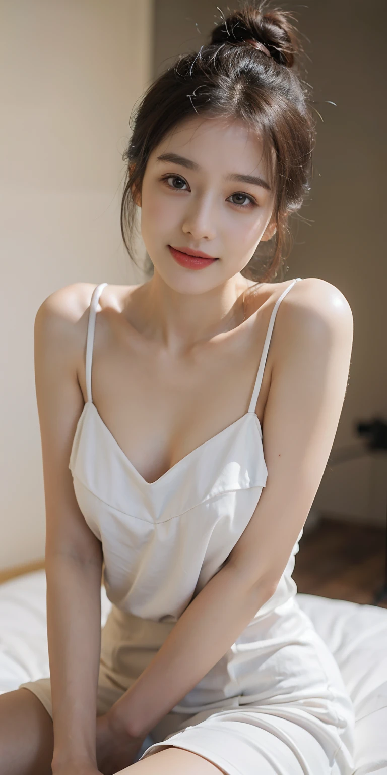 8k, super high quality, ((person more than half left from center of screen)), beautiful chestnut hair ((body from thigh up)), looking at viewer, photo realistic, high detailed beautiful face and eyes, (close-up hairstyle), (5 fingers), (wearing dress brown), (white marble background), pretty face, top quality, sweat Beautiful, very delicate and beautiful, full smile, nice body, high quality, realistic, fantasy, realistic skin, full color, top quality, very delicate and beautiful, high definition raw photo, professional photographer, solo, beautiful lips, top quality, fantasy, realistic skin, full color, 20 years old, high definition raw photo, photo realistic , neck tilt