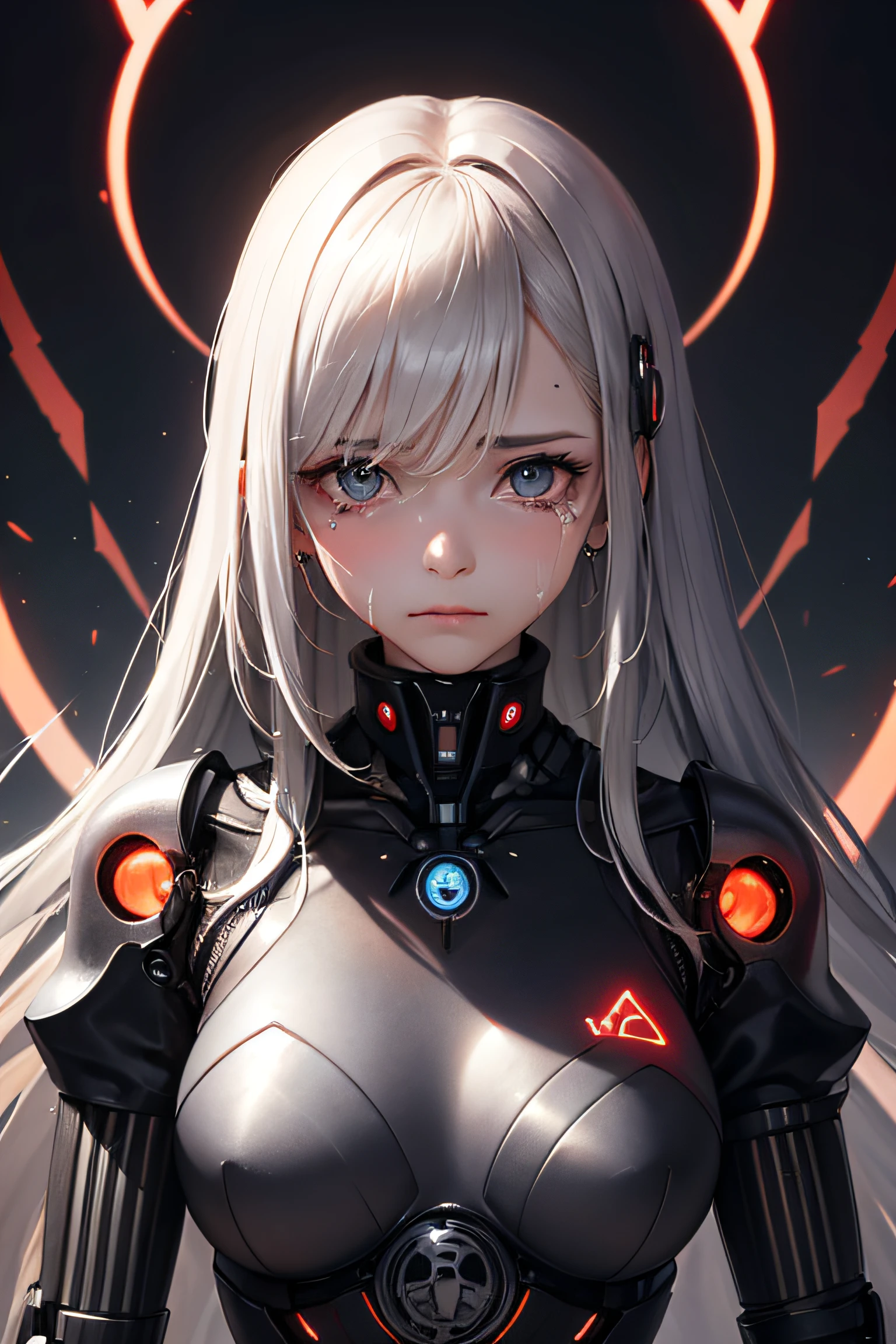 Futuristic Femal with three swords in her brust, with tears in big brown eyes, she is crying, the clothes are silver like a cyborg, the hair is like wires in chaos, backround is black with thunders and red microchips, very sad person.
