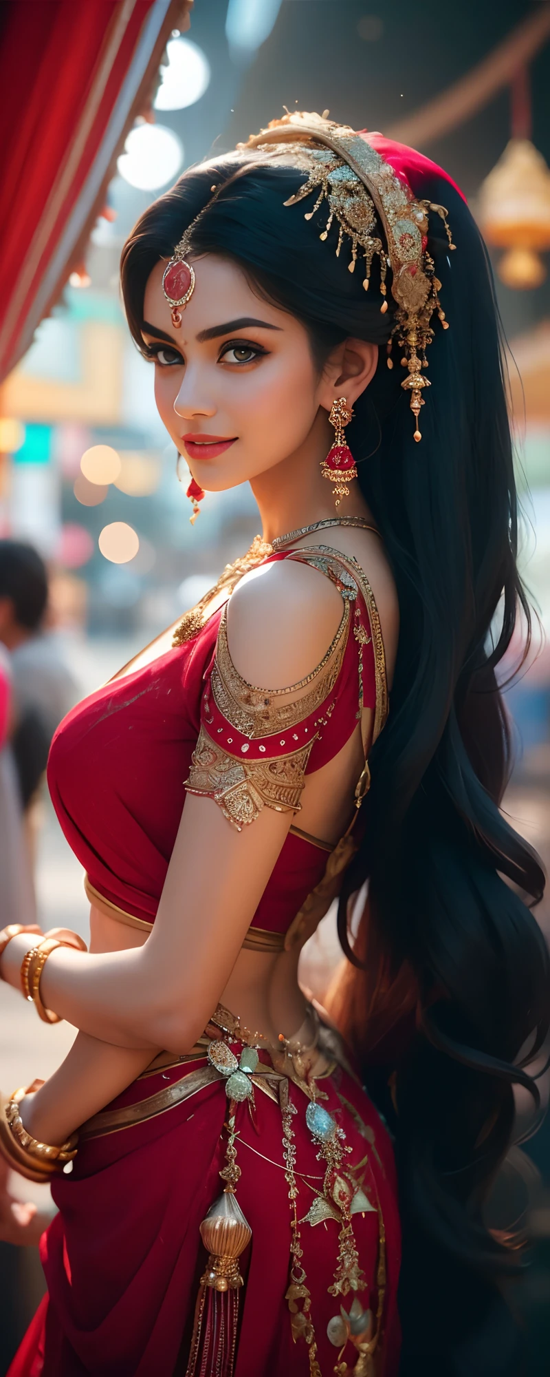 In the bustling streets of a vibrant Indian city, amidst the kaleidoscope of colors and scents, a woman (((Anne Hathaway: Selena Gomez:0.6))) clad in a vibrant red saree and a black blouse becomes an ethereal sight that captivates all who lay eyes upon her. (( huge smiling 0.3)) Her undeniable beauty transcends time and space, leaving onlookers spellbound.
Describe the scene as the woman, with her graceful presence, glides through a crowded marketplace, where merchants and shoppers pause to admire her radiance. The atmosphere is alive with whispers as her mesmerizing allure evokes a sense of awe and admiration.
Embark on a journey to reveal the woman’s story—her name, her background, her passions—and the reasons behind her choice of attire. Explore her persona, intertwining elements of mystery and allure, as people speculate on the secrets hiding behind her enchanting gaze.
Incorporate the sights, sounds, and emotions that surround this extraordinary woman, as she navigates through the city’s vibrant tapestry. Whether it be the scent of freshly ground spices, the distant sound of temple bells, or the intricate henna designs adorning her hands, immerse the reader in the sensory experience of this captivating moment.
As the story unfolds, her path intertwines with that of a curious photographer who becomes determined to capture her undeniable beauty in a single photograph. Describe their encounters, the photographer’s attempts to understand her story, and the profound impact this woman’s presence has on his own life.(Blur Background:1.6), (Blue Hue:0.8), (Auto focus:1.4)