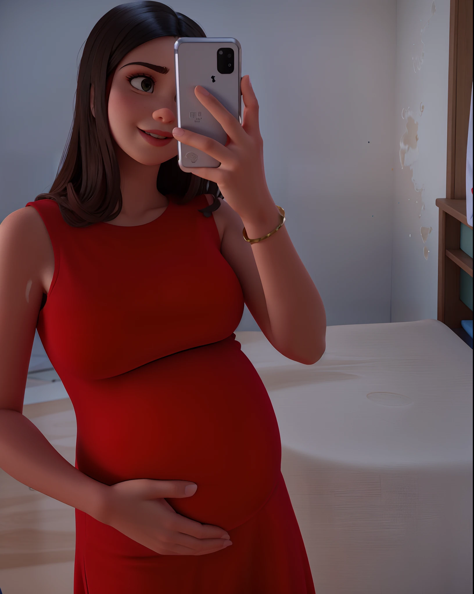 Pregnant woman in red dress taking selfie in mirror with cell phone, usando um vestido vermelho, pregnant belly, em um vestido vermelho, usando vestido vermelho, menina usa um vestido vermelho, sentimento de maternidade, Mulher de 30 anos de Cuba, pregnant, vestido vermelho, usando uma roupa vermelha, Directed by: Nandor Soldier, Ela chegou com um vestido vermelho