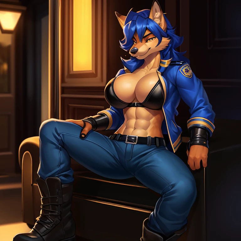 Sly Cooper, 8k quality, ultra realistic, 3d render, digital art, beautiful, cinematic lighting, slim, yellow jacket, black boots, , blue pants, Carmelita fox, inspector fox, female, confident, seductive, subtle abs, showing off breasts, showing breasts, open jacket, yellow jacket, proud, Ross Tran,ruan jia, uploaded to e621, zaush, foxovh, cenematic lighting, (((confident, seductive))), (((whole body showed))), (((correct position))), (((loving eyes))), (((full in love))), (((seductive))), (((seduction))), (((sexy))), (((full body commission))), (((solo))), (((full body commission))), (((laps invitation))), leather boots, leather gloves, black bra, pasties, face partially in shadow, glowing eyes, fierce, bdsm, dominate, dominant, stern, cop outfit, police uniform