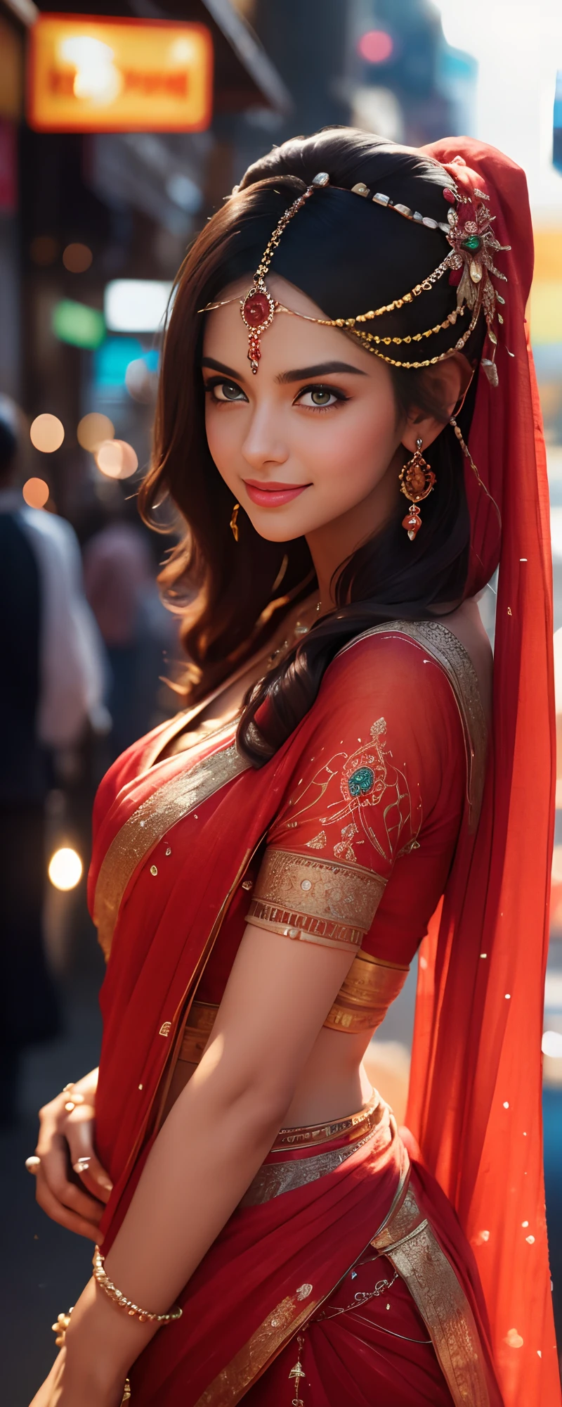 In the bustling streets of a vibrant Indian city, amidst the kaleidoscope of colors and scents, a woman (((Anne Hathaway: Selena Gomez:0.6))) clad in a vibrant red saree and a black blouse becomes an ethereal sight that captivates all who lay eyes upon her. (( huge smiling 0.3)) Her undeniable beauty transcends time and space, leaving onlookers spellbound.
Describe the scene as the woman, with her graceful presence, glides through a crowded marketplace, where merchants and shoppers pause to admire her radiance. The atmosphere is alive with whispers as her mesmerizing allure evokes a sense of awe and admiration.
Embark on a journey to reveal the woman’s story—her name, her background, her passions—and the reasons behind her choice of attire. Explore her persona, intertwining elements of mystery and allure, as people speculate on the secrets hiding behind her enchanting gaze.
Incorporate the sights, sounds, and emotions that surround this extraordinary woman, as she navigates through the city’s vibrant tapestry. Whether it be the scent of freshly ground spices, the distant sound of temple bells, or the intricate henna designs adorning her hands, immerse the reader in the sensory experience of this captivating moment.
As the story unfolds, her path intertwines with that of a curious photographer who becomes determined to capture her undeniable beauty in a single photograph. Describe their encounters, the photographer’s attempts to understand her story, and the profound impact this woman’s presence has on his own life.(Blur Background:1.6), (Blue Hue:0.8), (Auto focus:1.4)