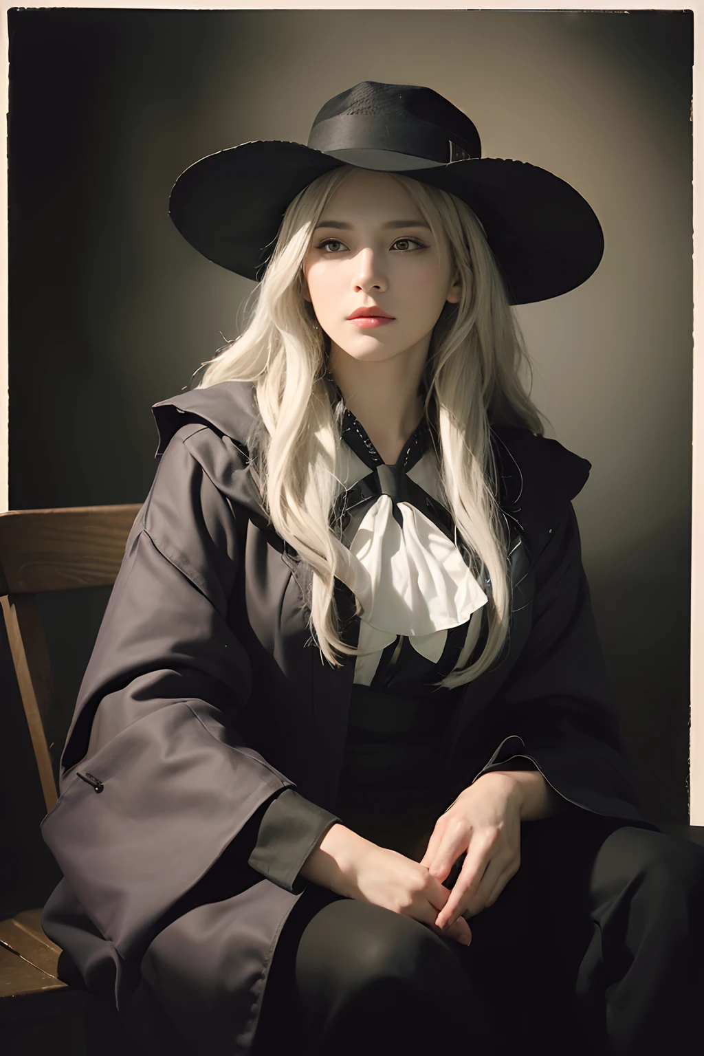 (front focus),(in the dark:1.6),
Hyperrealist portrait of female by david hockney and alphonse mucha,fantasy art, photo realistic, dynamic lighting, artstation, poster, volumetric lighting, very detailed faces, 4 k, award winning,, 1girl, in the dark, deep shadow, low key,cowboy shot,(official clothing:1.4) ,long hair,white hair,