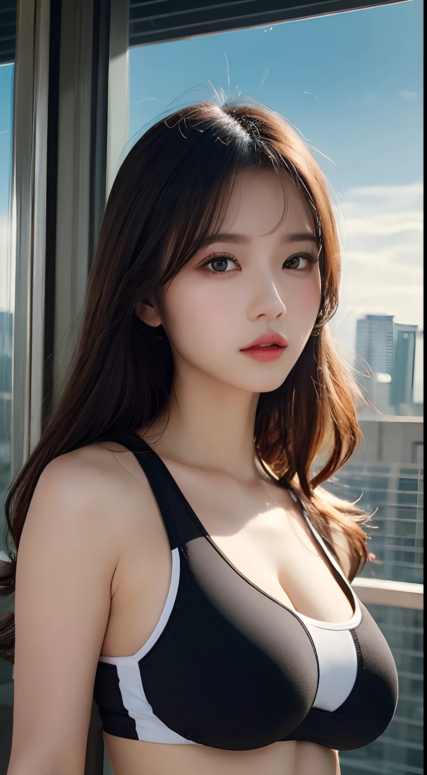 masterpiece, Best Quality, Illustration, Ultra-detailed, finely detail, high resolution, 8K Wallpaper, Perfect dynamic composition, Beautiful detailed eyes,Colossal tits, fitness wear, Natural Color Lip,