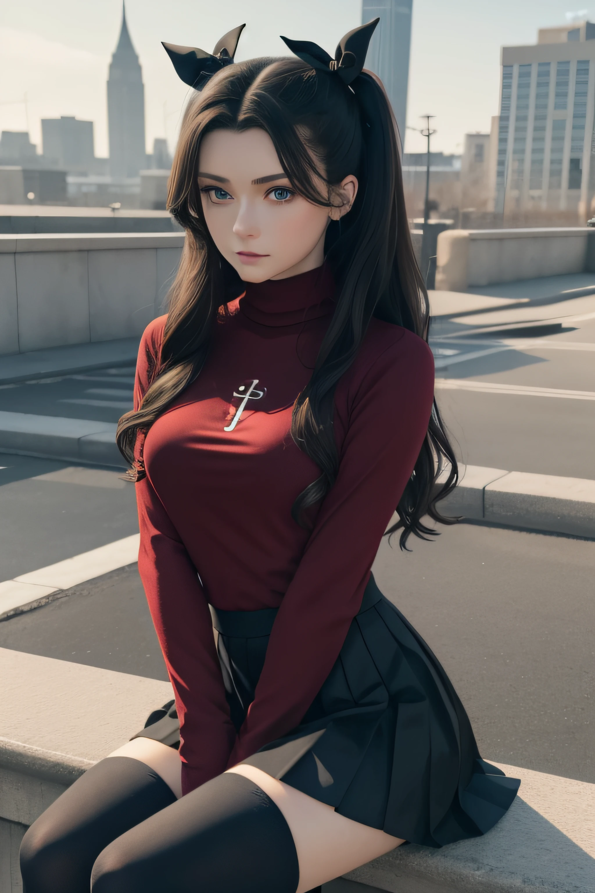 (masterpiece), best quality, expressive eyes, perfect face, 1girl, solo, rintohsaka, rin tohsaka, aqua eyes, black hair, hair ribbon, long hair, ribbon, sidelocks, two side up, black skirt, black thighhighs, long sleeves, miniskirt, pleated skirt, ((red sweater)), skirt, sweater, thighhighs, turtleneck, city background, sitting, character sheet, upper body, portrait, looking at viewer