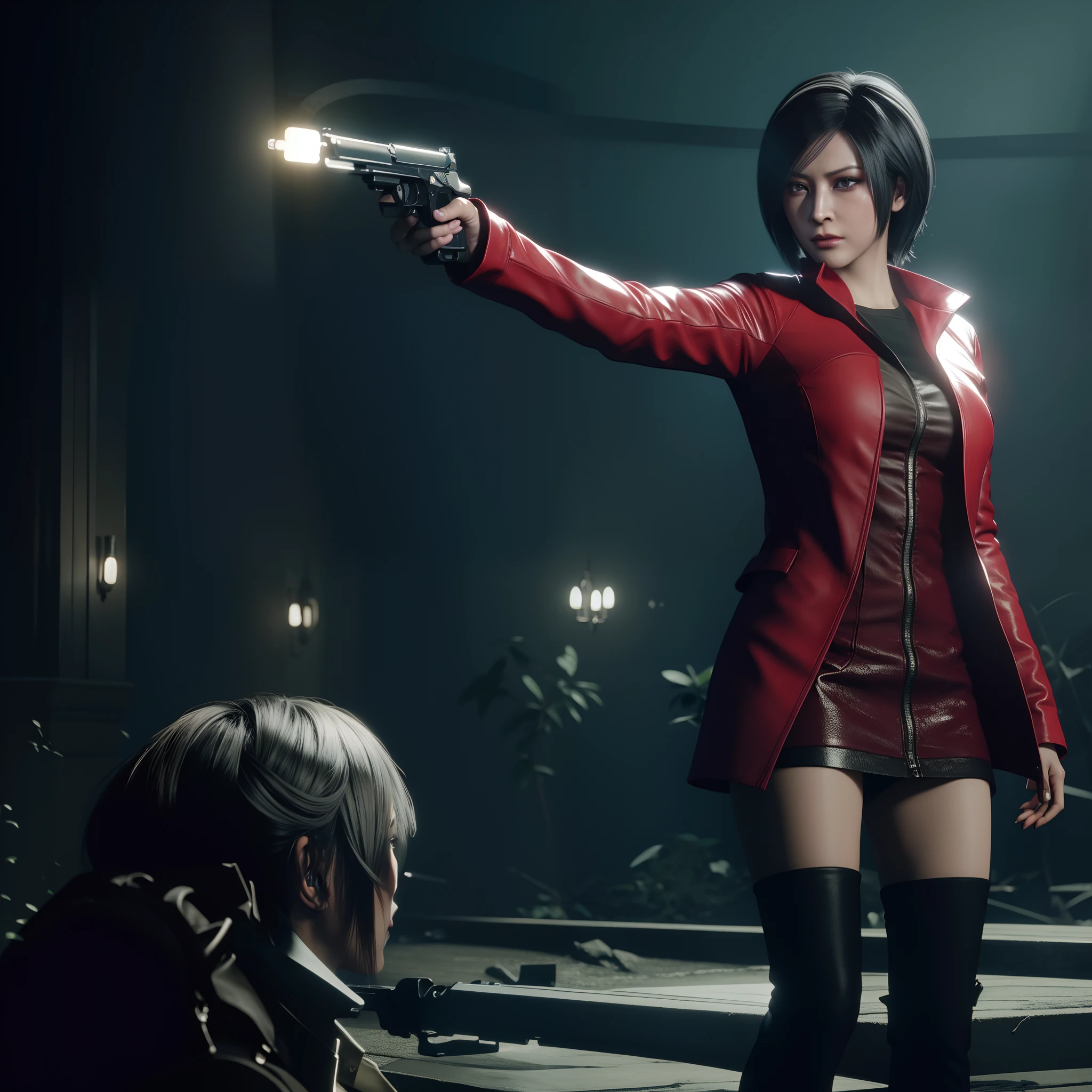 HD, ada wong 40 years old, beautiful face, bob hair, red long coat with black nail polish, glare, holding a gun