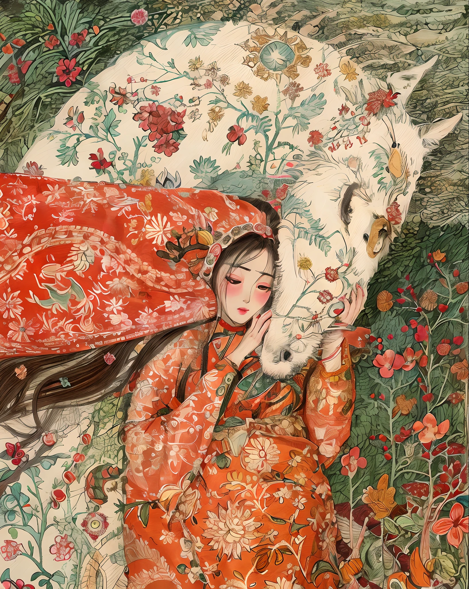 Painting of a woman holding the head of a horse in a field, por Mei Qing, Directed by: Fang Congyi, persian folktale artstyle, Persian folk art style, Directed by: Ni Duan, Directed by: Nil Gleyen, por Ai Xuan, Directed by: Ni Zan, Directed by: Maki Haku, Directed by: Ruth Jên, por Shao Mi, Slavic folk fairy tale