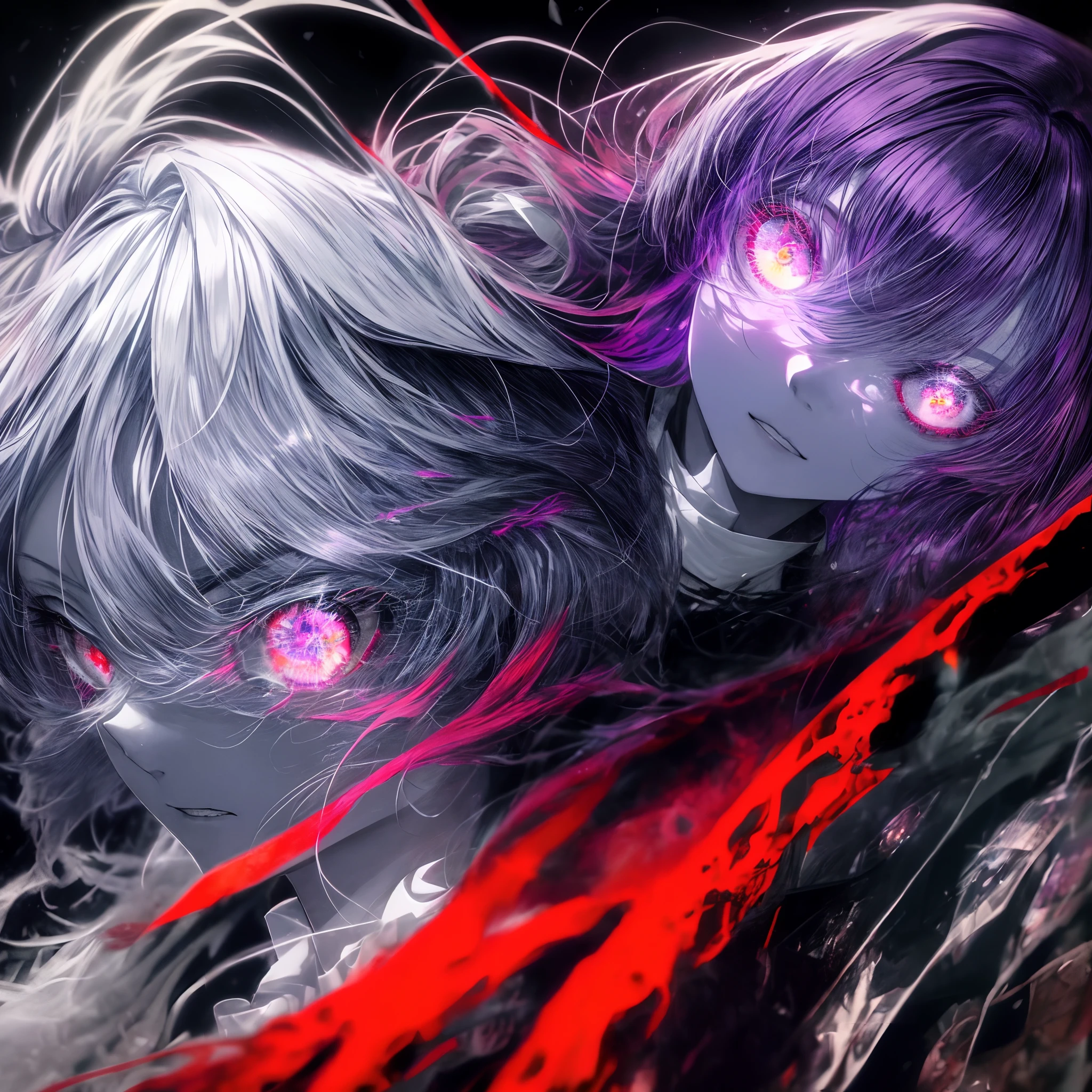 a closeup of big demonic eyes, compound eyes, Unique demon ghouls, Unusual pupils,Kaneki, Monochrome, Radioactive light, anime2018::1, purple::1, Neon color::1,, Part 1.5, detaled face, ultra quality, Ultra Graphics, Flowering 1.0, l vampire, depression, ultra realistis, Anime IRL,Anime girl, Dark gothic Style, HDR, RTX, The body shatters , Detailed Face,soft-lighting, makoto sinkai,Digital Painting,looking up at the camera", 8K, big dreamy eyes,blurry, Smooth soft skin, Cloned face, Symmetrical,neon liquid, leaks from the eyes,anime art,photo, Face cracking , ......key: purple, blood from the eyes, Realistic, Realistic light, Realistic anime, realistic shadows, Liquid, depressive, Clouds, Sakura, spider lily , A detailed eye, eyes focus, Lashes, fluffy lower eyelashes:1.5, pale face, Very purple eyes, gloomy horror atmosphere, Scary picture, woods, mist, Neon purple Liquid, flowing down from the trees, Dark atmosphere, The body shatters, braids, Sateen, blood on the ground, fire, eye closeup,The Better Generation, Ultra Generation, Generation 3000, 2048×2048......, Face detailing, Detailing clothes, Symmetrical balance, Tokyo Ghoul, death note, castlevania, l vampire, Kaneki, Anime 2020, Water and sky, black hair,Detailed hair, Tokyo Ghoul, death note, castlevania, Kaneki, l vampire, Depressive art, depression, ennui, Sadness, cry, pain, Black smoke, Black Energy, Tentacles, Kagune, bloods, blood on the face, A sea of blood, fetters, barbed wire, fire, Wide-angle camera, lots of fine detail, spider lily, Sakura, Sweet, Scalopendra, Black background, horror film, Hole in the case, Dead Inside, Dead Art, lying on the grass, Manga style, comic style, Multiple frames, The body is destroyed, Manga page, Eyes are everywhere, Lots of eyes in the background, Drawing of Ishida sui, art of Ishida sui, in the style of Ishida sui, Two people, in full growth, depressive posture, Spider flowers