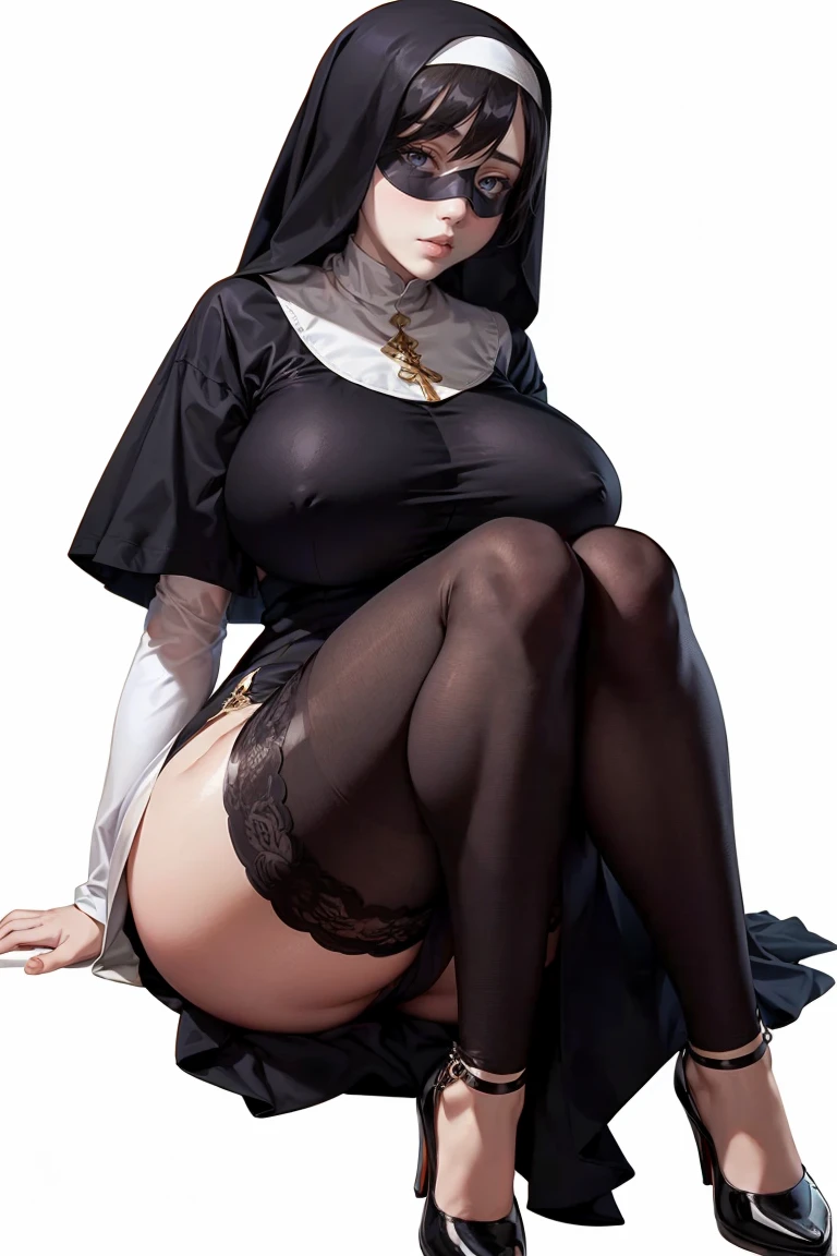 1girl, nun woman, nun costume, mask veil, high quality, adult, religious, Long black dress, (transparent black dress), red bright eyes, dress showing body, visible body, sitting, clothing lining, covering face, (proportional huge breasts), best quality, ((simple white background)),