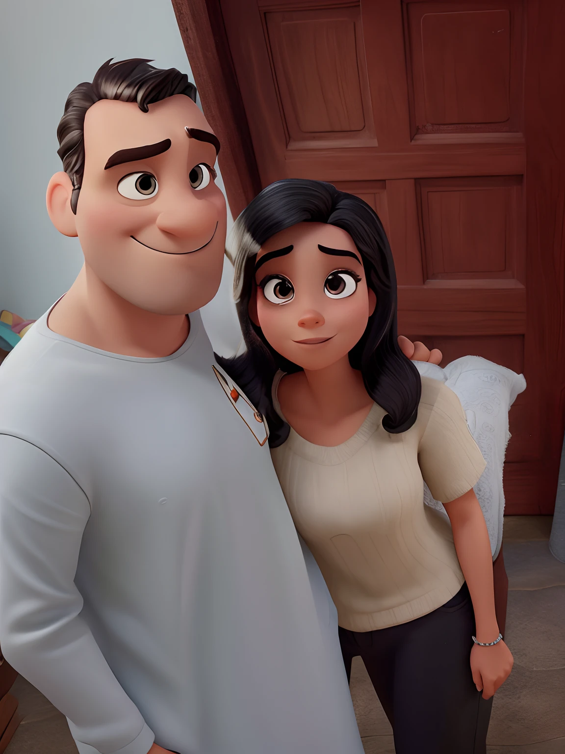 Disney Pixar Style Poster. Um homem com cabelo preto curtos e barba feita , a woman with black hair and dark eyes embracing Disney Pixar style, alta qualidade, melhor qualidade