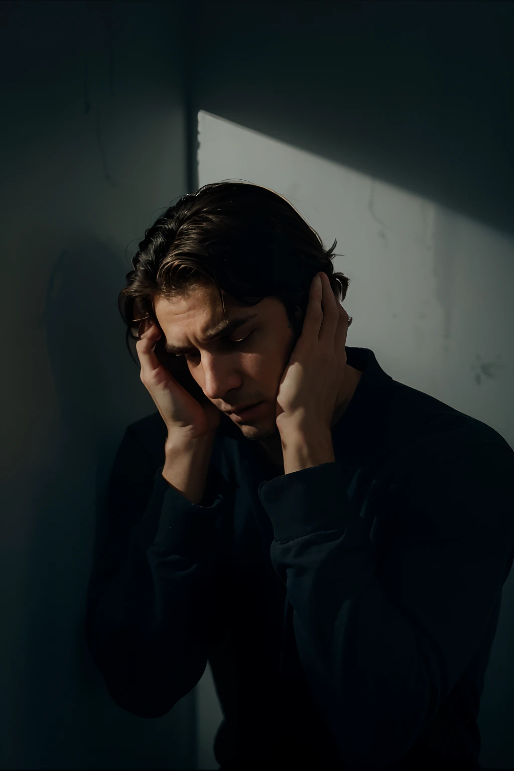 Man with hands on head in distress in a corner of a dark room.