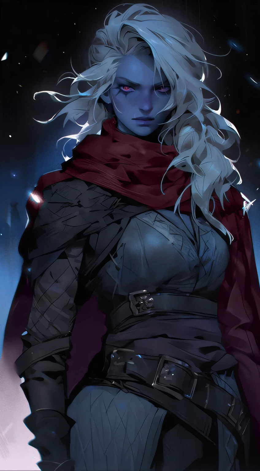 drow, Drow Woman, The Dark Elf, In a maroon red cloak, In medieval camping clothes, dark gray skin, White Ash Hair