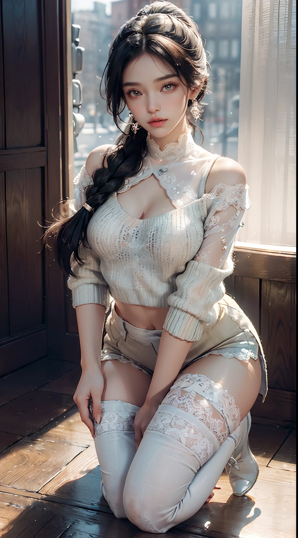 (wearing Random ombre drop shoulder crop sweater, Contrast binding tracker shorts, White transparent lace underwear, Over-the-knee block heel boots:1.3), Long Braided Ponytail hair, head and full body, Extremely cute human eighteen year old girl, very beautiful and feminine, short, petite, beautiful breast, small, busty buttocks, large bust, large breast, cleavage display, flat belly display, detailed eyes, detailed nose, super detailed on face, partial accessory with earring on the ear, very stylish, award-winning product design, tights, Shiny breast top opens at the cleavage and abdomen, stylish, glowing trims, atmospheric perspective, 8k, super detail, Accurate, best quality,