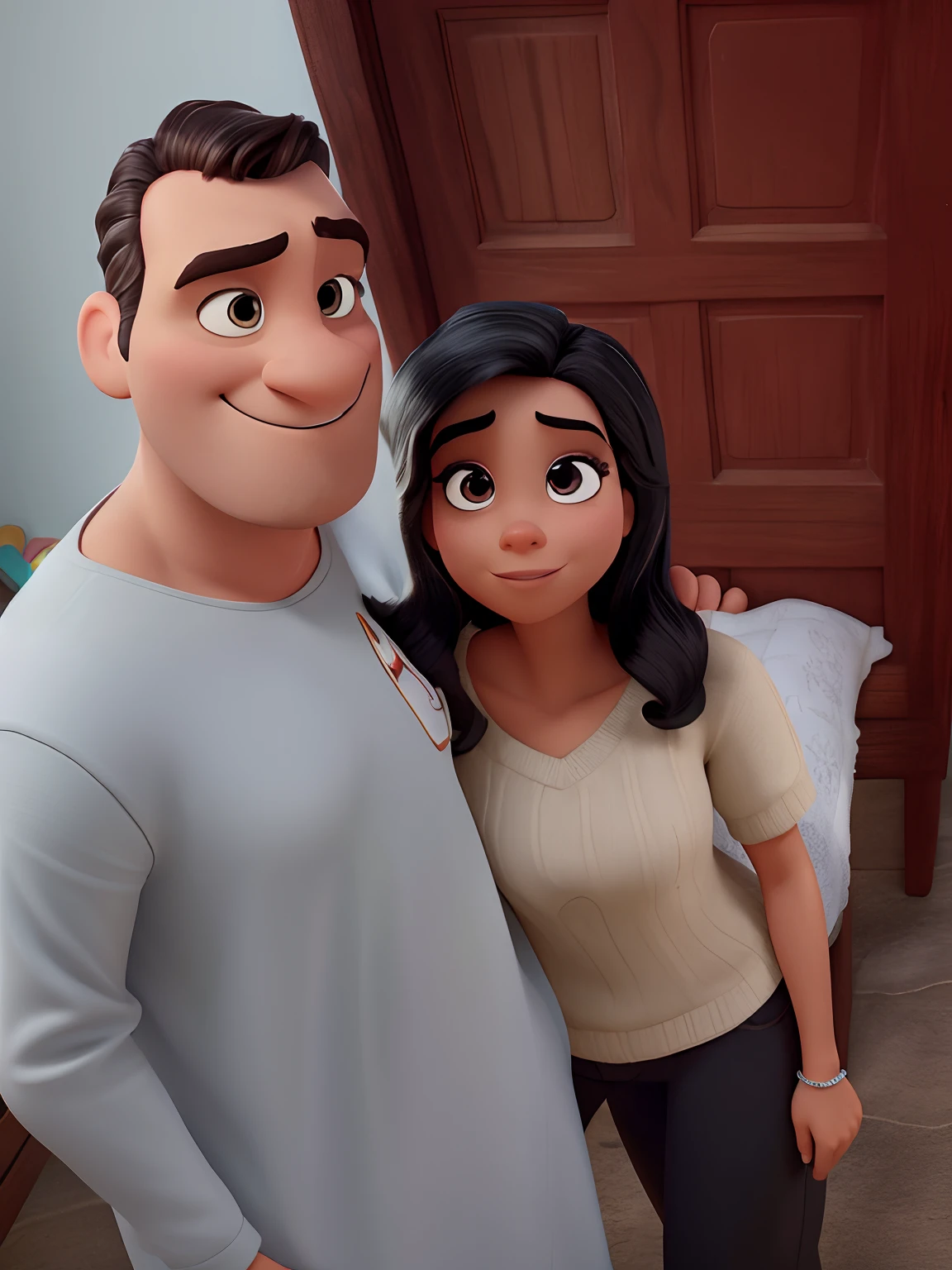 Disney Pixar Style Poster. Um homem moreno de cabelo preto curto e barba , a woman with black hair and dark eyes embracing Disney Pixar style, alta qualidade, melhor qualidade