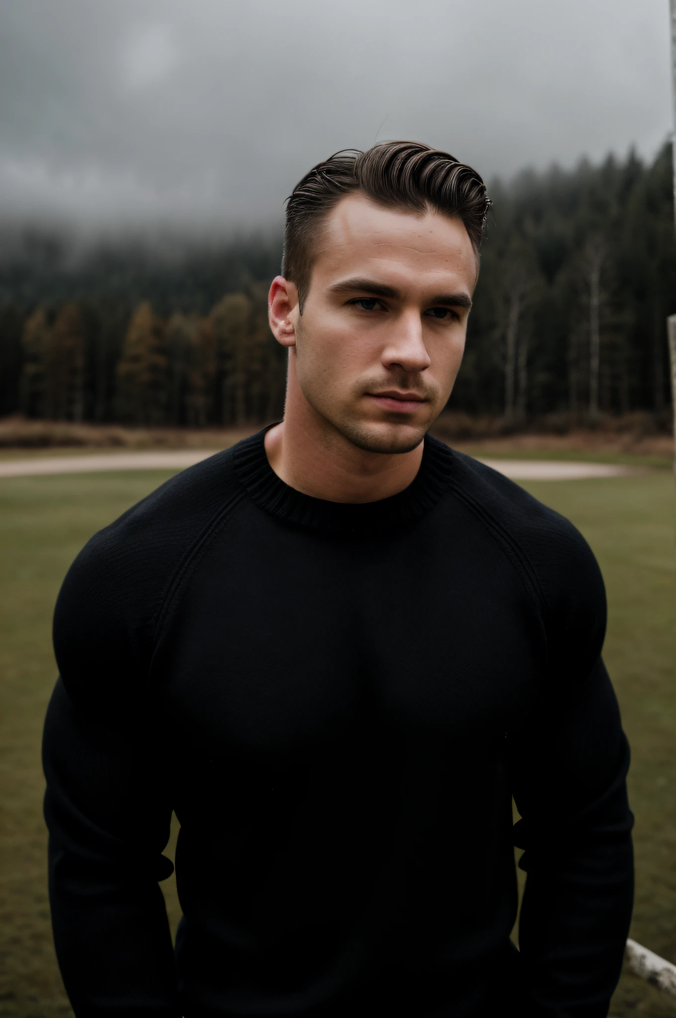 professional photo, closeup portrait photo of caucasian man ((athletic build)), wearing black sweater, serious face, dramatic lighting, nature, gloomy, cloudy weather, bokeh