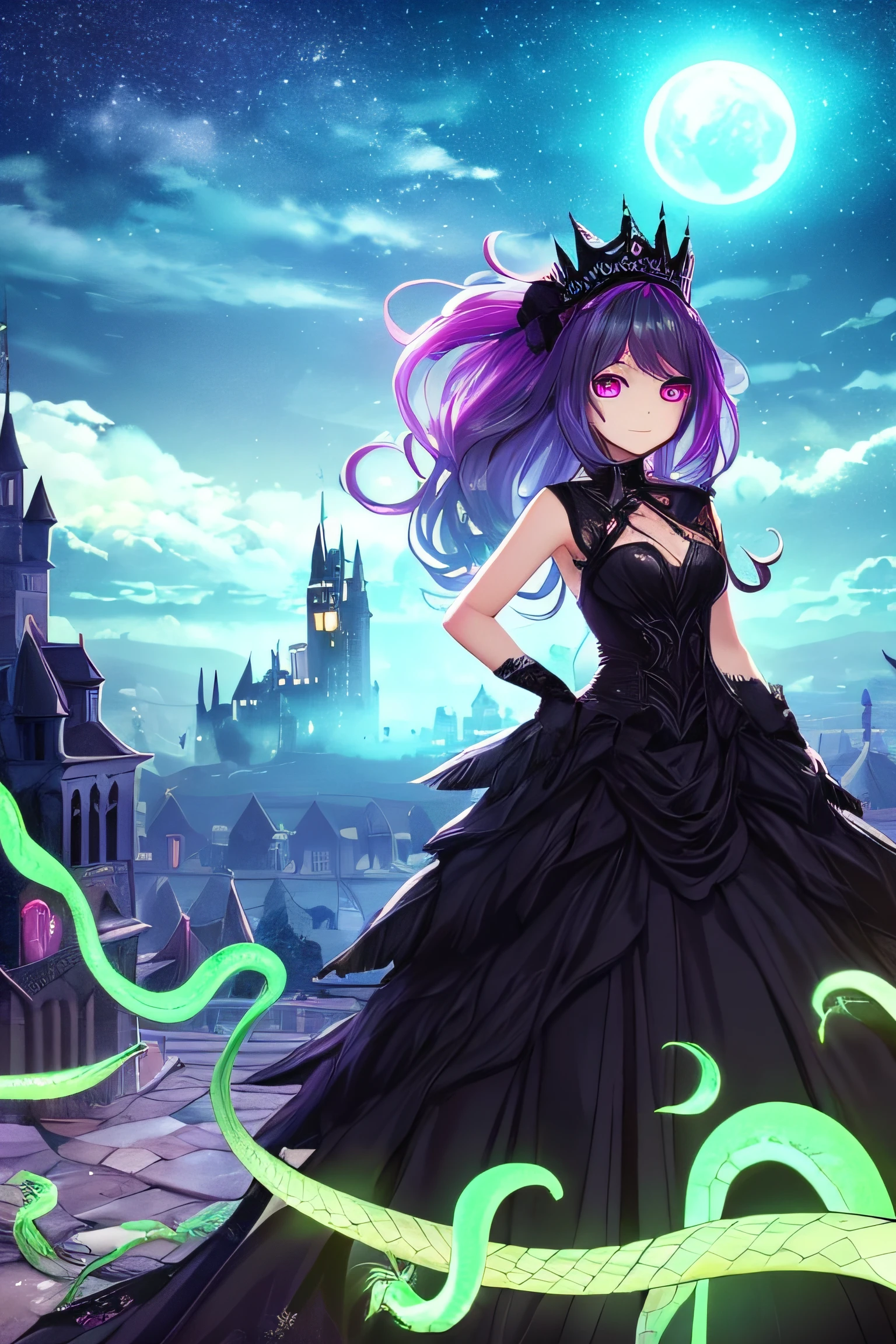 Monster Femal with snakes in the Hair, backround colors black and green.Castle in the backround with magical elements in the air. pinkmoon in the backround. On the head she has a futuristic black crown. She has a long black - green dress. Beautiful big eyes.