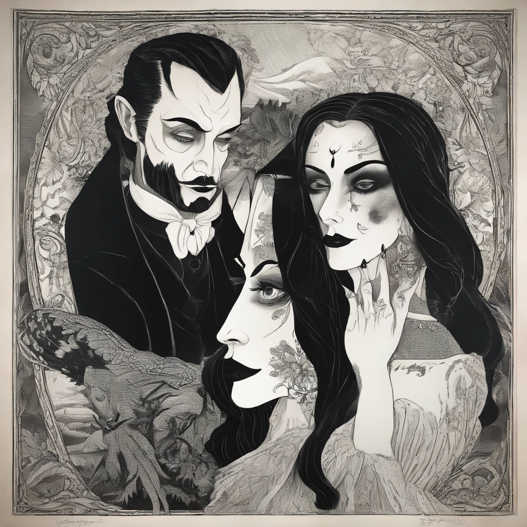 Gomez and Morticia Addams,creepy black and white portrait,dark and eerie composition,vintage black-and-white film aesthetic,delicate black lace detailing,carefully styled facial expressions of passion,deep set eyes,fierce gazes,dramatic lighting,subtle smoke effects,mysterious atmosphere,aesthetic gothic fashion,high contrast and sharp details,rich and textured shadows,ominous aura,hauntingly beautiful love,embrace of darkness,old Hollywood glamour,authentic film grain,macabre romance,shadowy silhouettes,black roses,crimson lipstick,pale skin,traditional family values with a macabre twist,humorous and twisted love story,classic horror theme,haunted mansion setting,Victorian era fashion and decor,moody and atmospheric setting,black-and-white cinematography,dark and twisted minds,eternal bond of love and death,Gomez's slicked back hair and mustache,Morticia's long flowing hair and tight-fitting black dress,passionate and intense romance,brooding and mysterious personality,fanciful and creepy mansion interior,gothic architecture,hauntingly beautiful visuals.