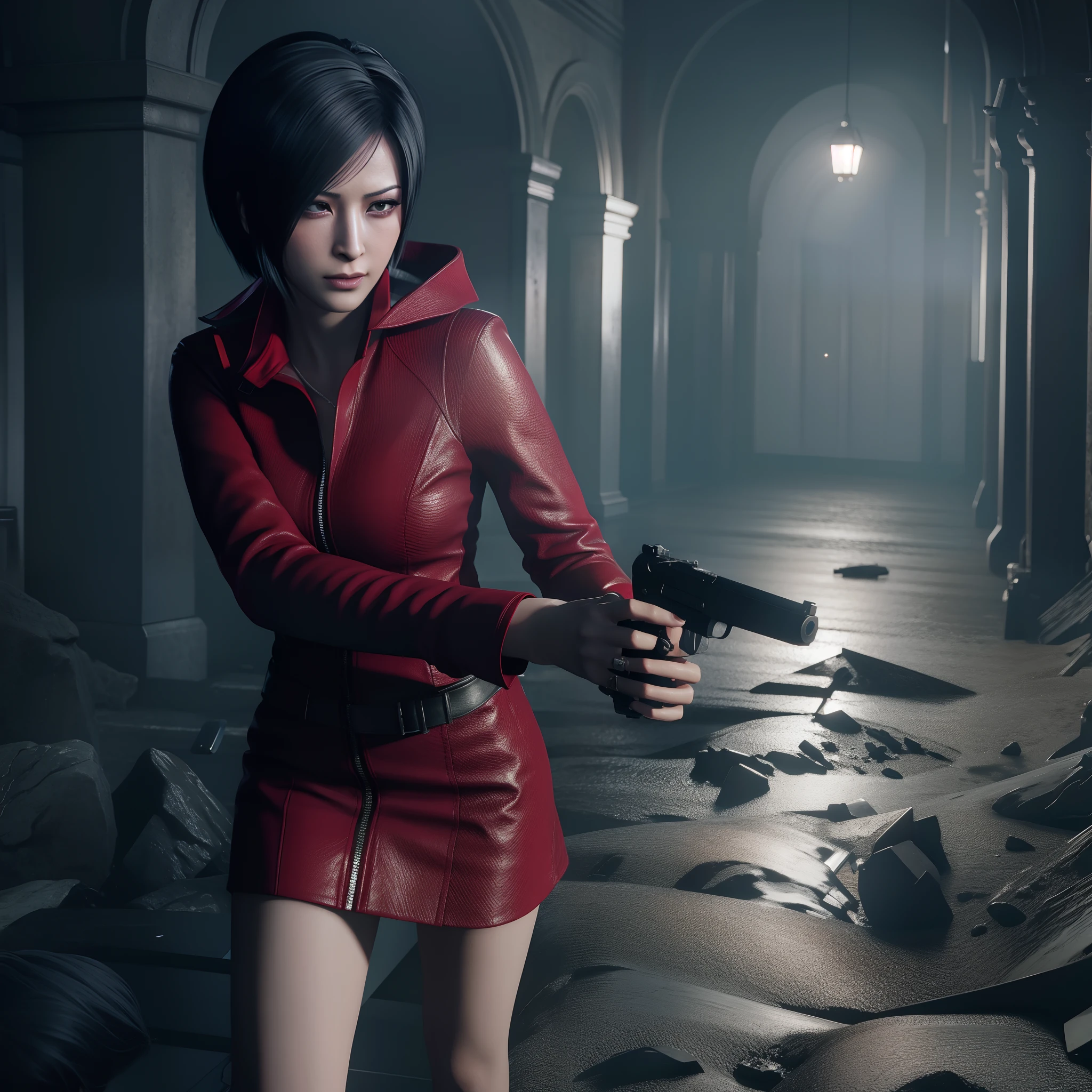 HD, ada wong, beautiful face, bob hair, red long coat with black nail polish,  glare, holding a gun