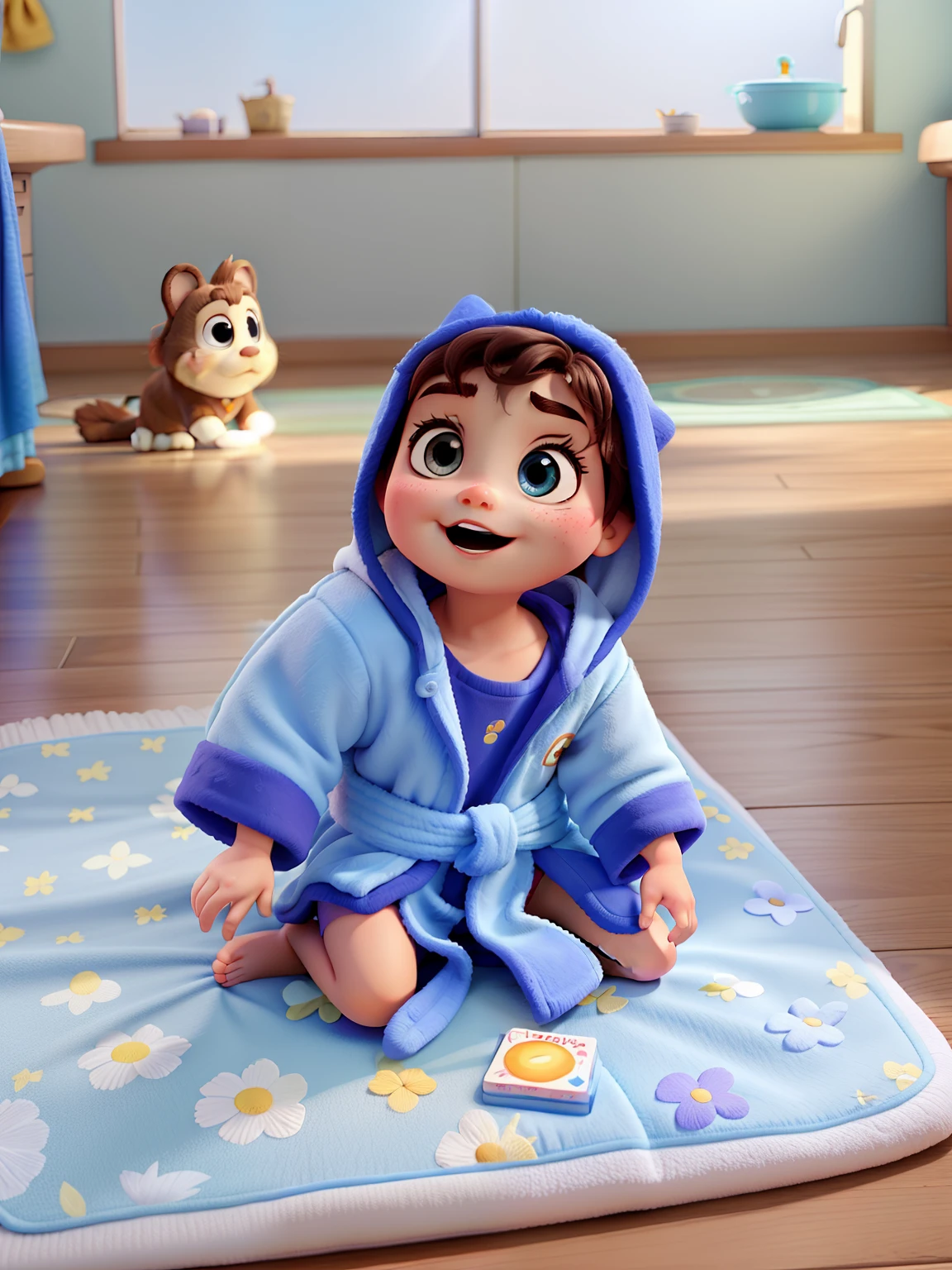 Disney Pixar style sitting on the floor with bathrobe and hood. Lugar aberto sob a luz do sol olhos mais achatados