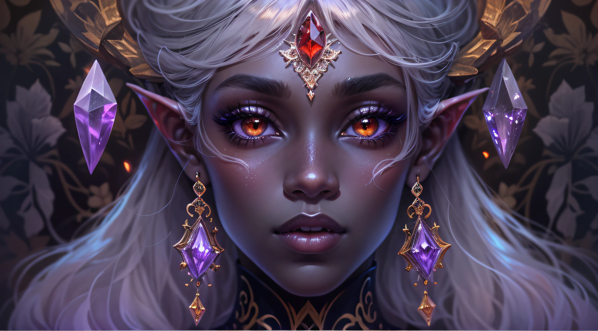 desktop, Drow Dark Elf, Outlandish Minerals, intricate hairstyle, Elven ears, dark gray skin , Around Big Rock Crystal Drusen Amethyst Druses, Mineral dispersion, elegantly, Masterpiece, Alphonse Mucha's style, Art Nouveau+ghotic, Doubleexposure, The red background predominates, glares, crystals, Glowy skin, Glitter, Sparkling eyes, long eyelashes, big puffy lips, pronounced skin texture, blushful, eye make up, Gloomy lighting, Inspired by the musical composition of the Cave of the Mountain King