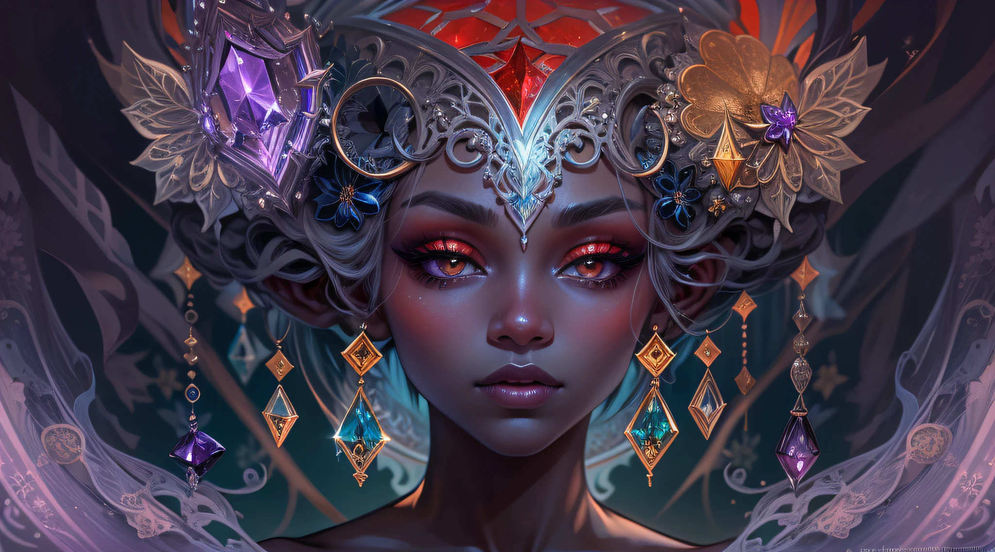 desktop, Drow Dark Elf, Outlandish Minerals, intricate hairstyle, Elven ears, dark gray skin , Around Big Rock Crystal Drusen Amethyst Druses, Mineral dispersion, elegantly, Masterpiece, Alphonse Mucha's style, Art Nouveau+ghotic, Doubleexposure, The red background predominates, glares, crystals, Glowy skin, Glitter, Sparkling eyes, long eyelashes, big puffy lips, pronounced skin texture, blushful, eye make up, Gloomy lighting, Inspired by the musical composition of the Cave of the Mountain King