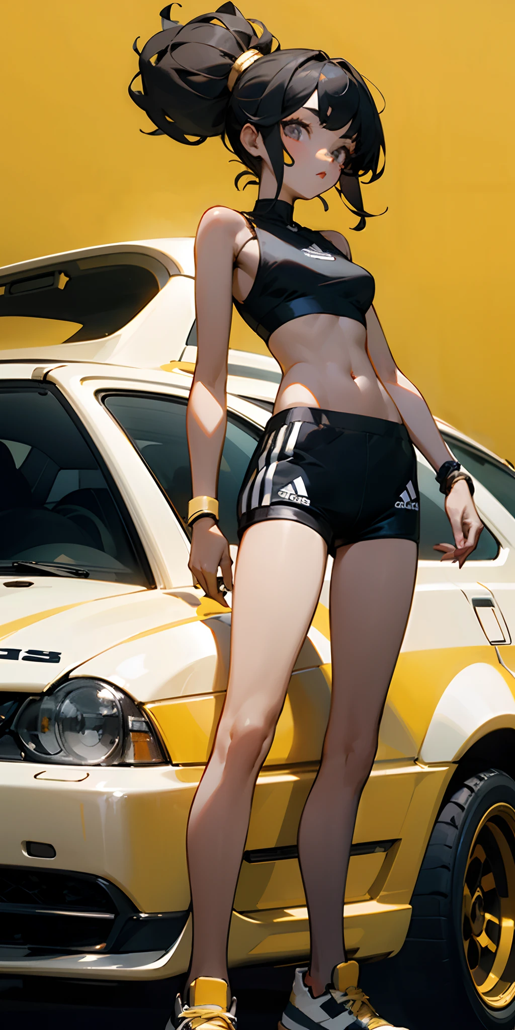 5 Black girls doll wearing adidas outfits tube tops shorts  sorts cars black and gold background