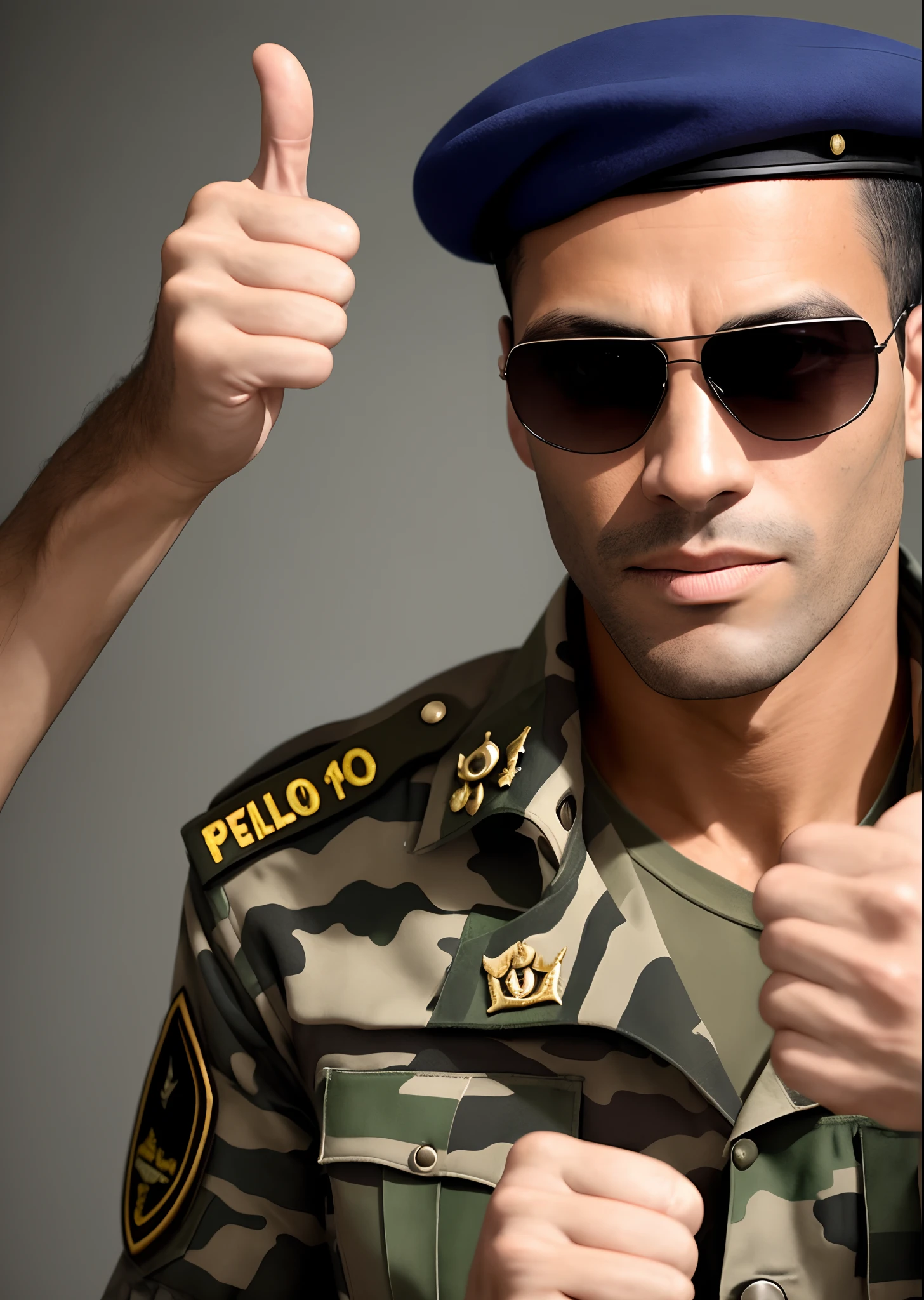 Crie uma imagem, estilo disney pixar, of a Brazilian army soldier giving a thumbs-up sign with his right thumb. Sob o bolso direito da jaqueta camuflada tem um patch com seu nome: VILLANI. No bolso esquerdo da jaqueta tem um patch com o nome de sua unidade: EME. The soldier is a colonel in the Brazilian army. He's Serious, fumando um charuto de calibre grosso, wearing sunglasses and a black beret. The black beret bears the badge of the Brazilian army. Colonel VILLANI has a straight face, thinning brown hair and the sides of the head the strands are already gray. He is a 48-year-old man. O fundo da imagem deve ser negro.