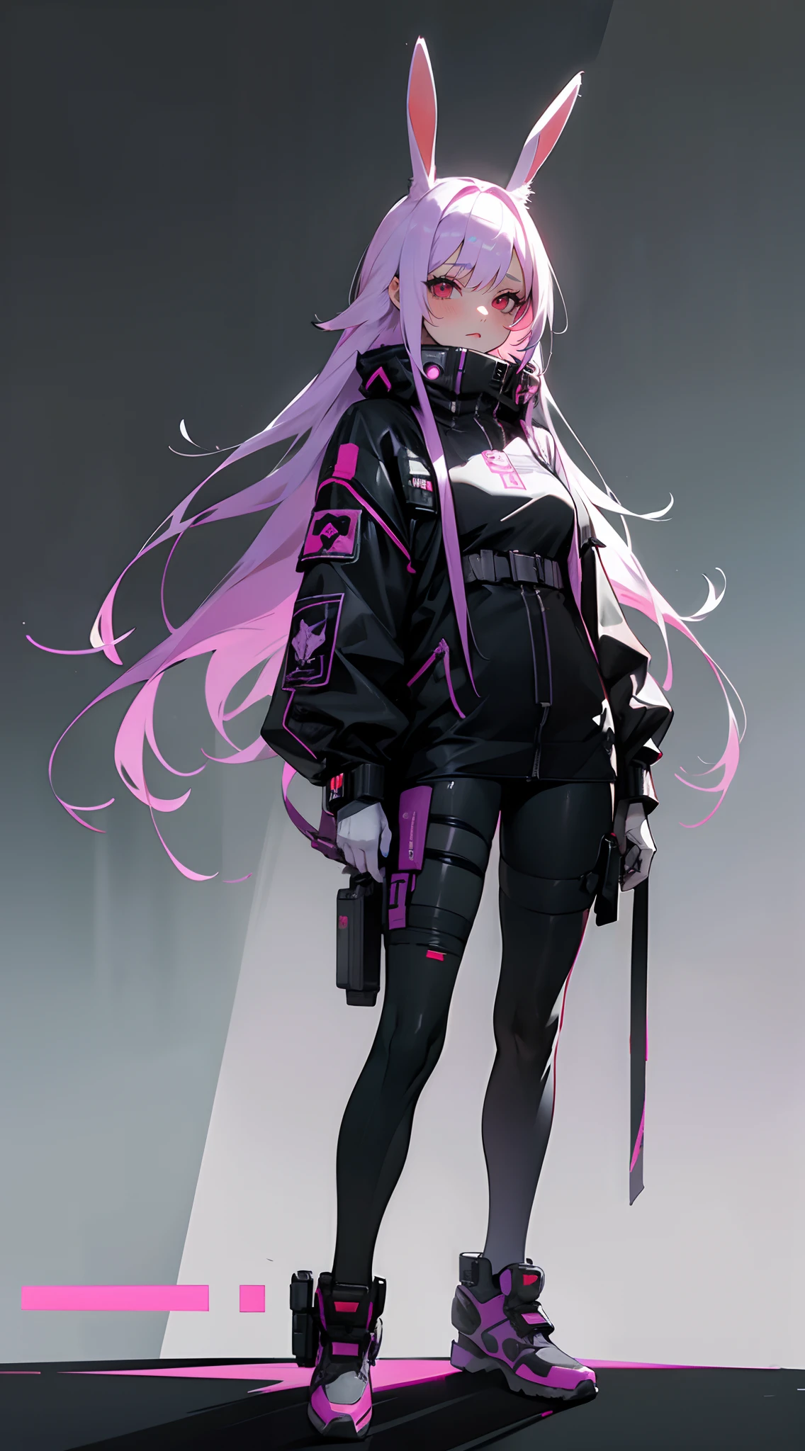Kawaii , pretty girl , ((has white bunny ears:1)), very pale skin, pink blush , extremely long hair , purple hair , short , long eyelashes, red eyes , age 22,
standing in front of a building, wearing techwear and armor, photograph of a techwear, all black cyberpunk clothes, cyberpunk outfit, cyberpunk style outfit, wearing japanese techwear, wearing cyberpunk streetwear, cyberpunk streetwear, cyberpunk anime girl, cyberpunk clothes, cyberpunk outfits, techwear fashion, wearing space techwear, cyberpunk fashion clothing,
(masterpiece, best quality )detailed, 1Character , pastel washed out colors , cell shade , soft, muted shades ,gentle colors ,