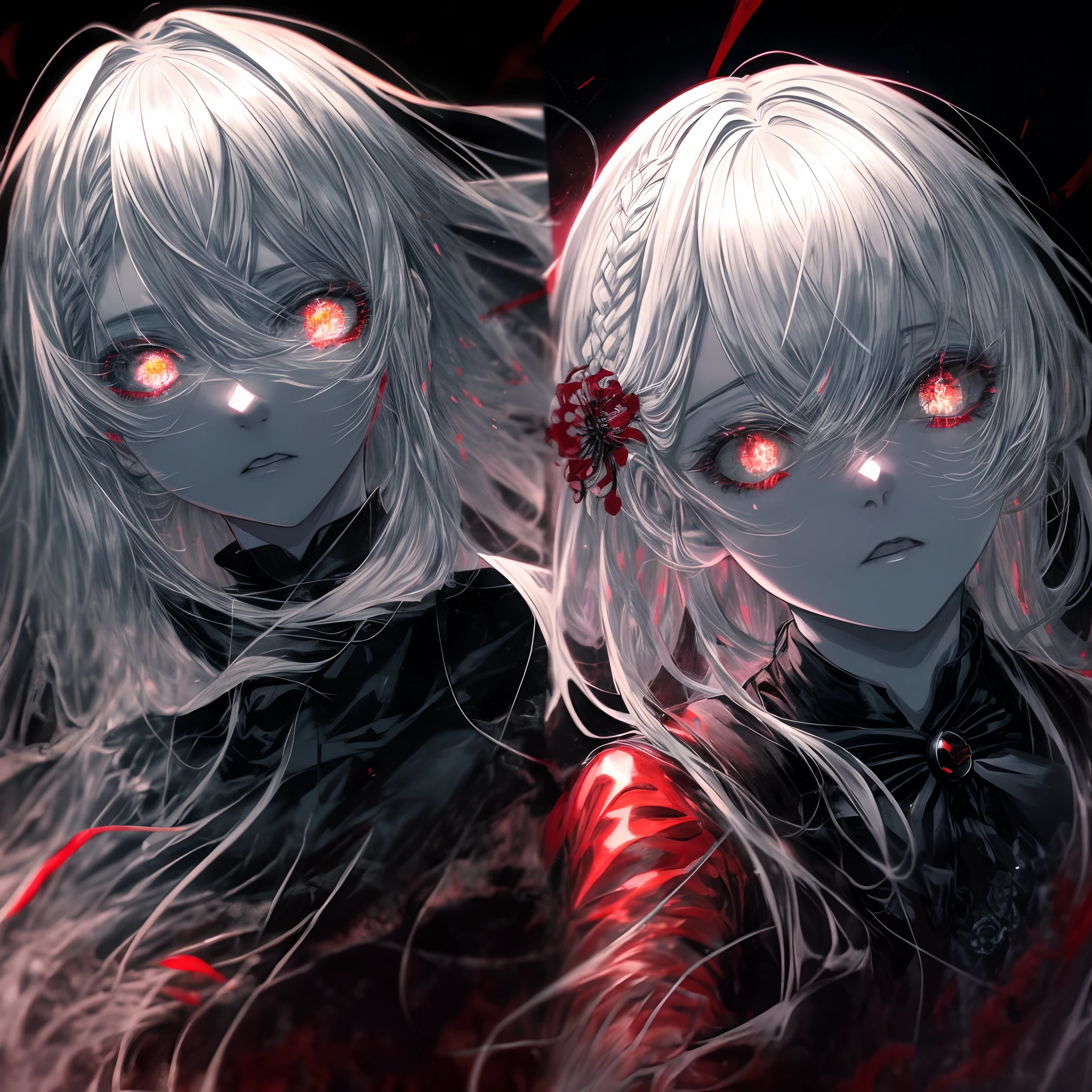a beautiful young woman, 1 girl, detailed face, twin tails, colorful hair with black roots and red tips, wearing a red shirt with silver patterns, witch's hooded cloak, black leather pants, expressive detailed eyes, collar, jewelry, smile, hyperrealistic, video game rendering effect through ink overlay, white background, blood black shadow overlay effect, shading effect, red dualization effect, bloody ink, liquid ink rendering, hyperrealistic Sumi-e liquid ink painting, high detail, intricate details