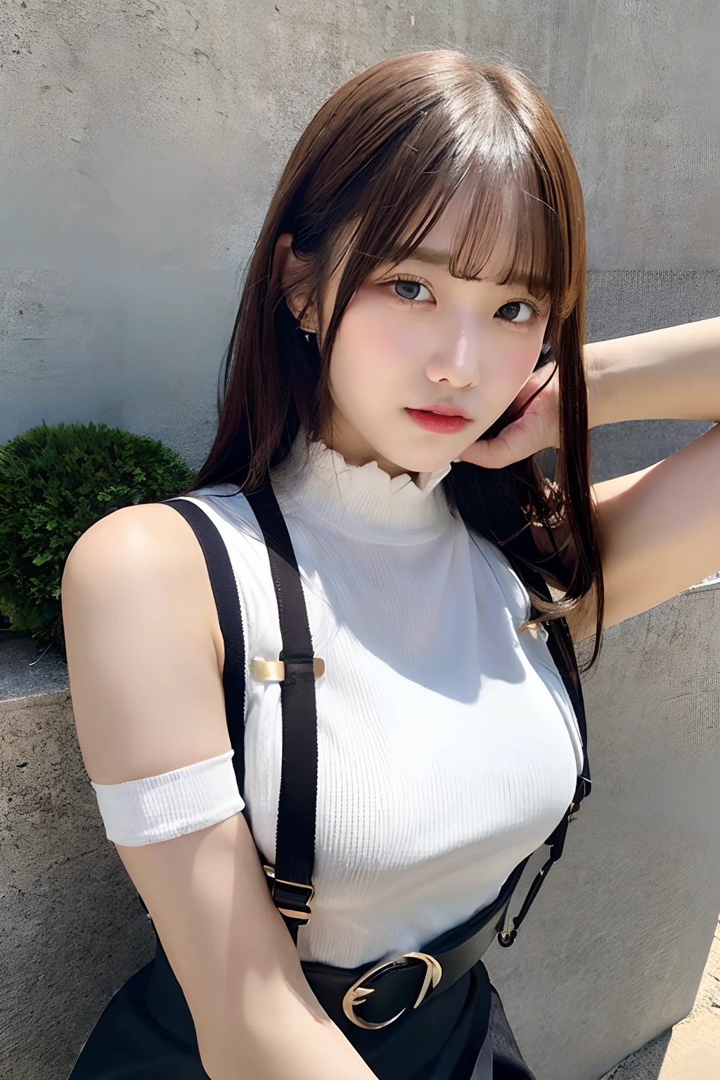 ​masterpiece、flat-colors、depth of fields、lens flare 1 girl、、Brown hair、watching at viewers　　　　a belt　black suspenders　　　big breasts　　　 　 Armpit sweat　perspiring　Side of both hands　　walls: 　 　Gaze　　　Small face　Bangs Upper Eyes　flank 　a miniskirt　Garter on the thigh