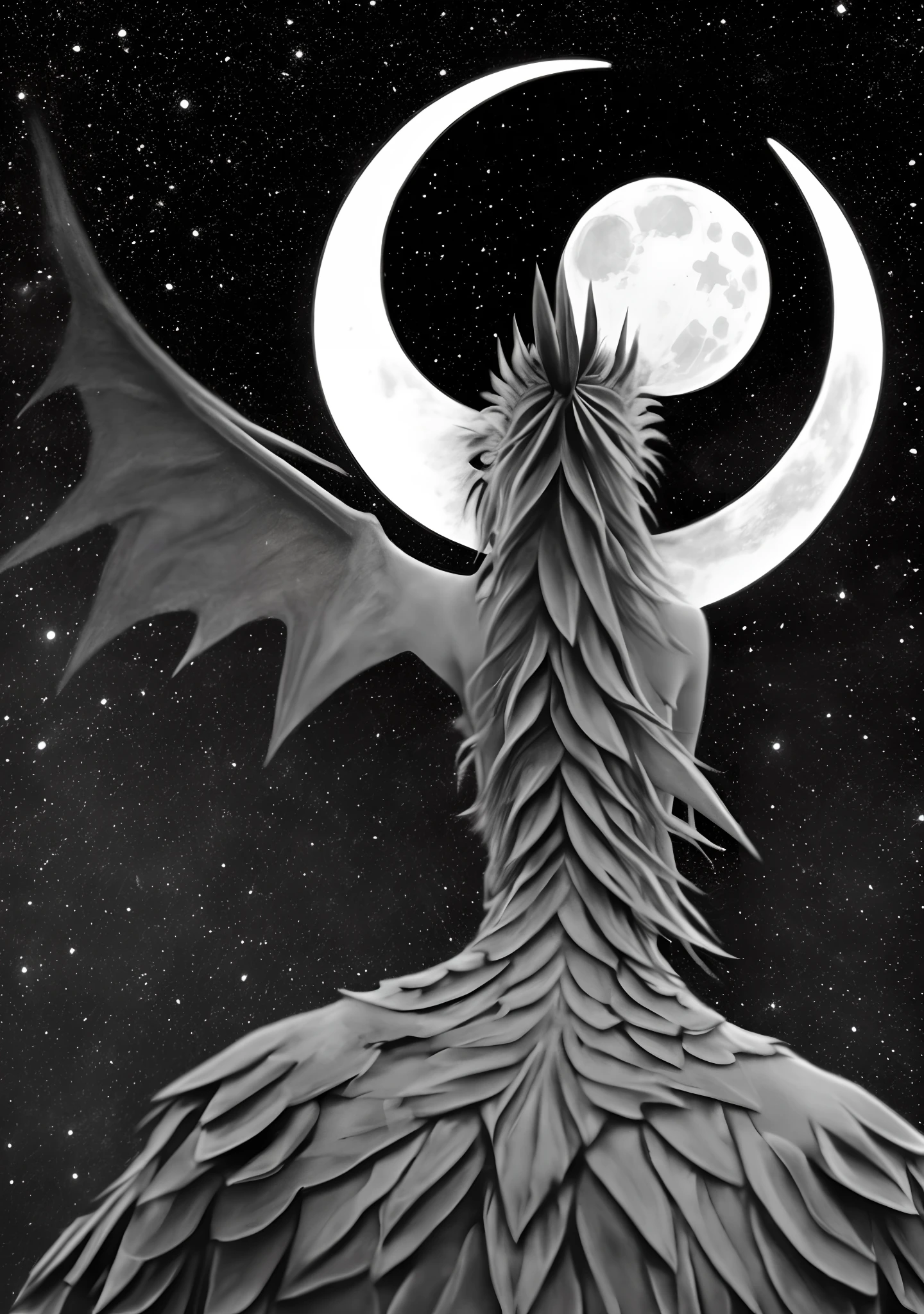 Black and white dragon from behind with a crescent moon behind