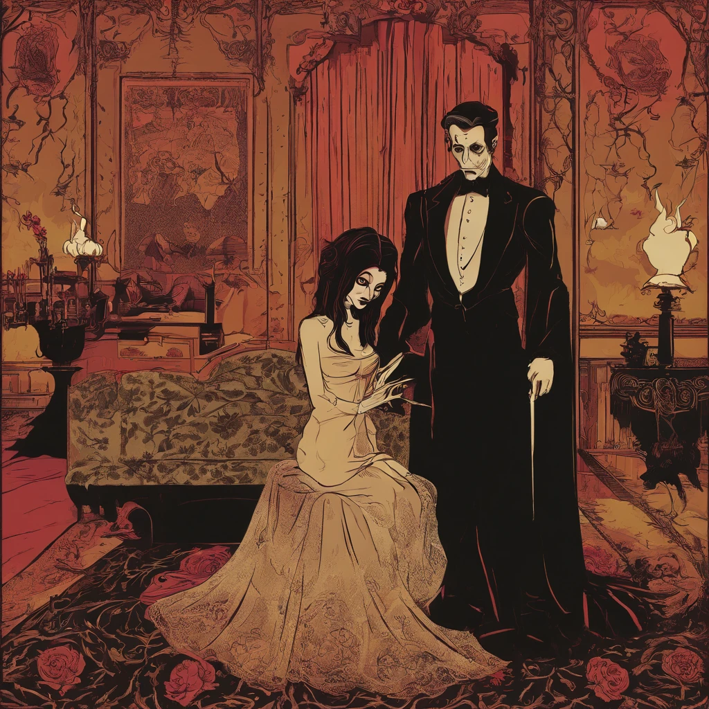 Gomez and Morticia Addams,creepy black and white portrait,dark and eerie composition,vintage black-and-white film aesthetic,delicate black lace detailing,carefully styled facial expressions of passion,deep set eyes,fierce gazes,dramatic lighting,subtle smoke effects,mysterious atmosphere,aesthetic gothic fashion,high contrast and sharp details,rich and textured shadows,ominous aura,hauntingly beautiful love,embrace of darkness,old Hollywood glamour,authentic film grain,macabre romance,shadowy silhouettes,black roses,crimson lipstick,pale skin,traditional family values with a macabre twist,humorous and twisted love story,classic horror theme,haunted mansion setting,Victorian era fashion and decor,moody and atmospheric setting,black-and-white cinematography,dark and twisted minds,eternal bond of love and death,Gomez's slicked back hair and mustache,Morticia's long flowing hair and tight-fitting black dress,passionate and intense romance,brooding and mysterious personality,fanciful and creepy mansion interior,gothic architecture,hauntingly beautiful visuals.