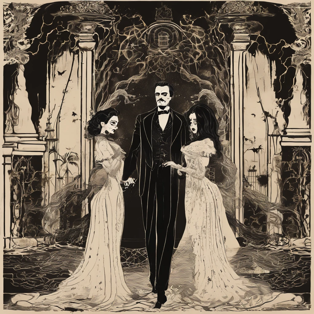 Gomez and Morticia Addams,creepy black and white portrait,dark and eerie composition,vintage black-and-white film aesthetic,delicate black lace detailing,carefully styled facial expressions of passion,deep set eyes,fierce gazes,dramatic lighting,subtle smoke effects,mysterious atmosphere,aesthetic gothic fashion,high contrast and sharp details,rich and textured shadows,ominous aura,hauntingly beautiful love,embrace of darkness,old Hollywood glamour,authentic film grain,macabre romance,shadowy silhouettes,black roses,crimson lipstick,pale skin,traditional family values with a macabre twist,humorous and twisted love story,classic horror theme,haunted mansion setting,Victorian era fashion and decor,moody and atmospheric setting,black-and-white cinematography,dark and twisted minds,eternal bond of love and death,Gomez's slicked back hair and mustache,Morticia's long flowing hair and tight-fitting black dress,passionate and intense romance,brooding and mysterious personality,fanciful and creepy mansion interior,gothic architecture,hauntingly beautiful visuals.
