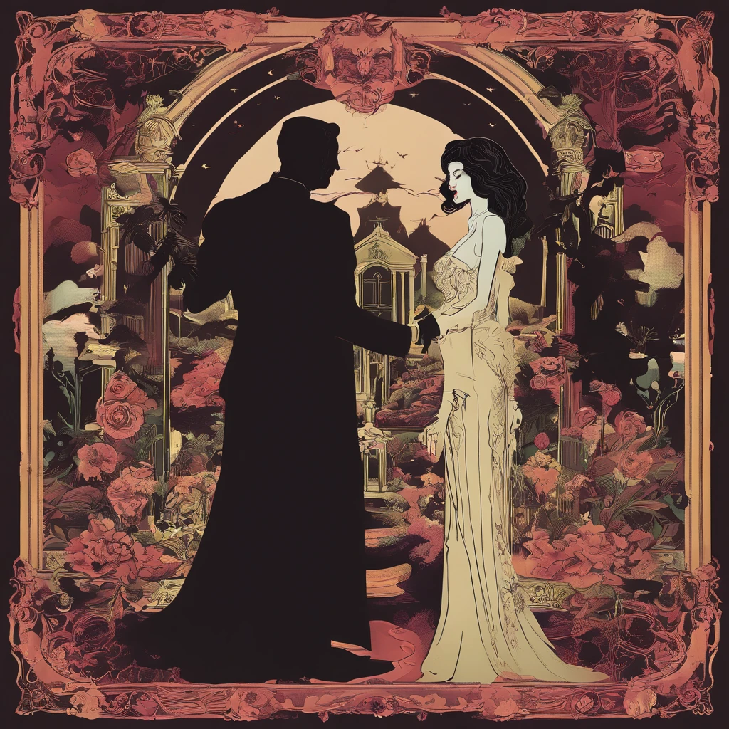 Gomez and Morticia Addams,creepy black and white portrait,dark and eerie composition,vintage black-and-white film aesthetic,delicate black lace detailing,carefully styled facial expressions of passion,deep set eyes,fierce gazes,dramatic lighting,subtle smoke effects,mysterious atmosphere,aesthetic gothic fashion,high contrast and sharp details,rich and textured shadows,ominous aura,hauntingly beautiful love,embrace of darkness,old Hollywood glamour,authentic film grain,macabre romance,shadowy silhouettes,black roses,crimson lipstick,pale skin,traditional family values with a macabre twist,humorous and twisted love story,classic horror theme,haunted mansion setting,Victorian era fashion and decor,moody and atmospheric setting,black-and-white cinematography,dark and twisted minds,eternal bond of love and death,Gomez's slicked back hair and mustache,Morticia's long flowing hair and tight-fitting black dress,passionate and intense romance,brooding and mysterious personality,fanciful and creepy mansion interior,gothic architecture,hauntingly beautiful visuals.