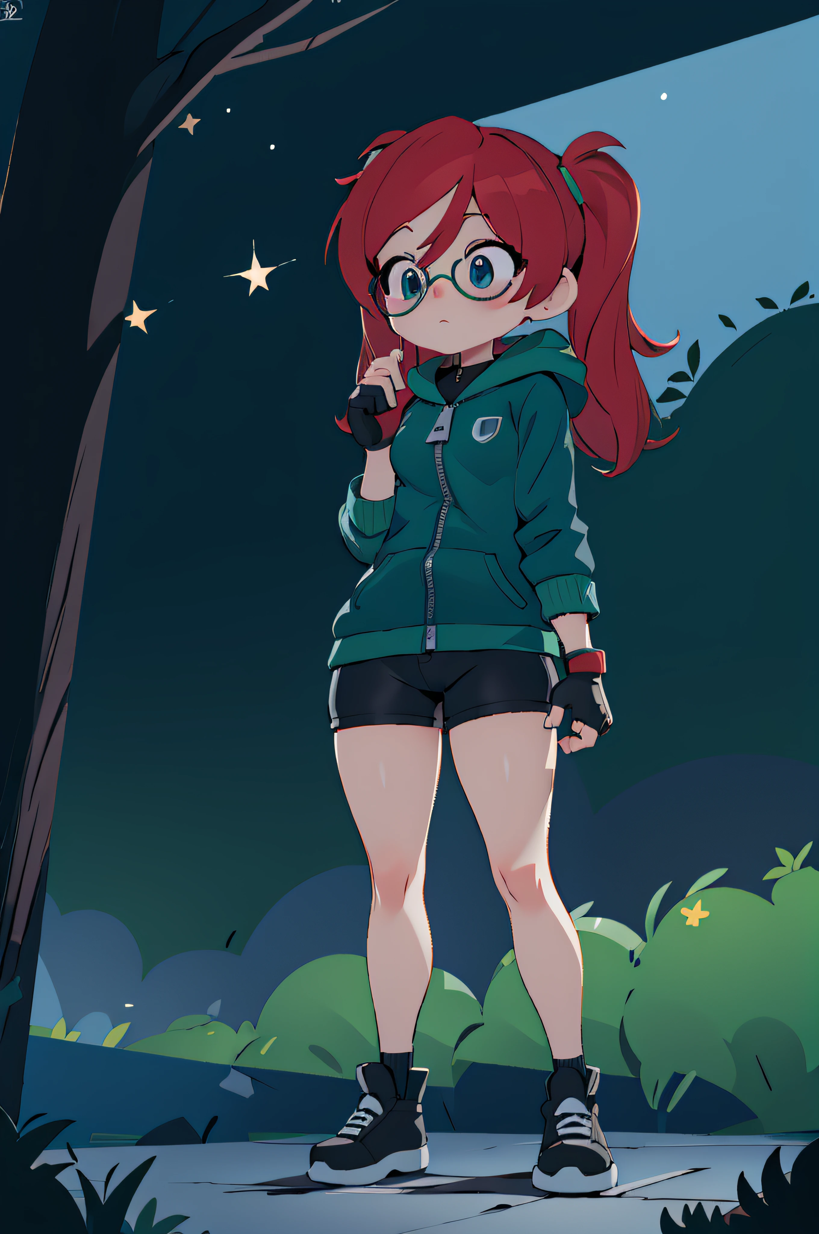 blue eyes, gloves, twintails, red hair, glasses, green hoodie, fingerless gloves, black compression shorts, zipper, black-framed eyewear, pensketch_style, ink sketch, (dark background:1.2), starry sky, darkness, kirisame marisa, shy, embarrassed, blush, superb, extremely detailed, intricate, (extremely low contrast:1.1), looking away, full body, mid shot forest, nature, tree