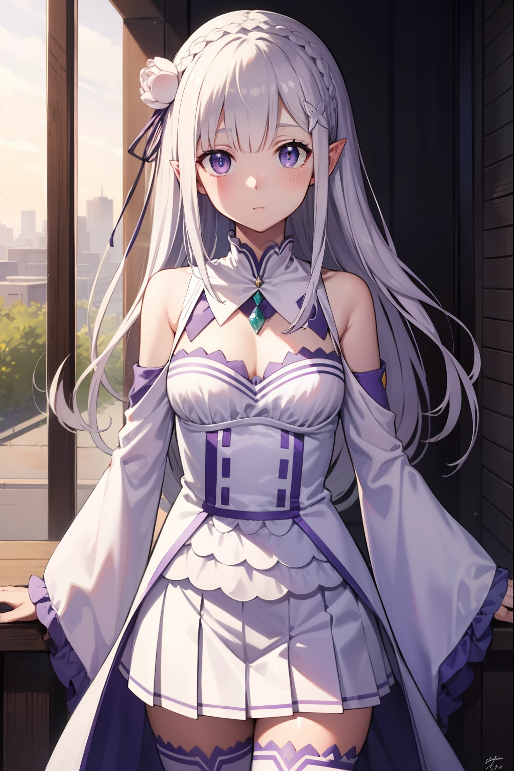 rezeroemilia, emilia, braid, crown braid, flower, hair flower, hair ornament, hair ribbon, long hair, pointy ears, (purple eyes:1.2), white hair, x hair ornament,
BREAK detached collar, detached sleeves, frilled sleeves, frills, long sleeves, miniskirt, pleated skirt, ribbon, skirt, thighhighs, white skirt, white sleeves, white thighhighs, wide sleeves, zettai ryouiki,
BREAK outdoors, city,
BREAK looking at viewer, BREAK (masterpiece:1.2), best quality, high resolution, unity 8k wallpaper, (illustration:0.8), (beautiful detailed eyes:1.6), extremely detailed face, perfect lighting, extremely detailed CG, (perfect hands, perfect anatomy),