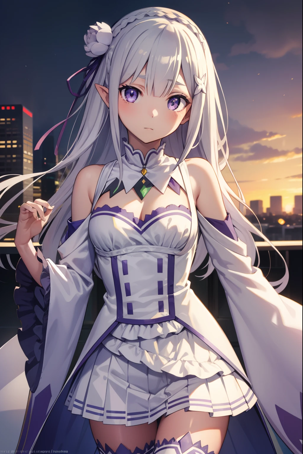 rezeroemilia, emilia, braid, crown braid, flower, hair flower, hair ornament, hair ribbon, long hair, pointy ears, (purple eyes:1.2), white hair, x hair ornament,
BREAK detached collar, detached sleeves, frilled sleeves, frills, long sleeves, miniskirt, pleated skirt, ribbon, skirt, thighhighs, white skirt, white sleeves, white thighhighs, wide sleeves, zettai ryouiki,
BREAK outdoors, city,
BREAK looking at viewer, BREAK (masterpiece:1.2), best quality, high resolution, unity 8k wallpaper, (illustration:0.8), (beautiful detailed eyes:1.6), extremely detailed face, perfect lighting, extremely detailed CG, (perfect hands, perfect anatomy),