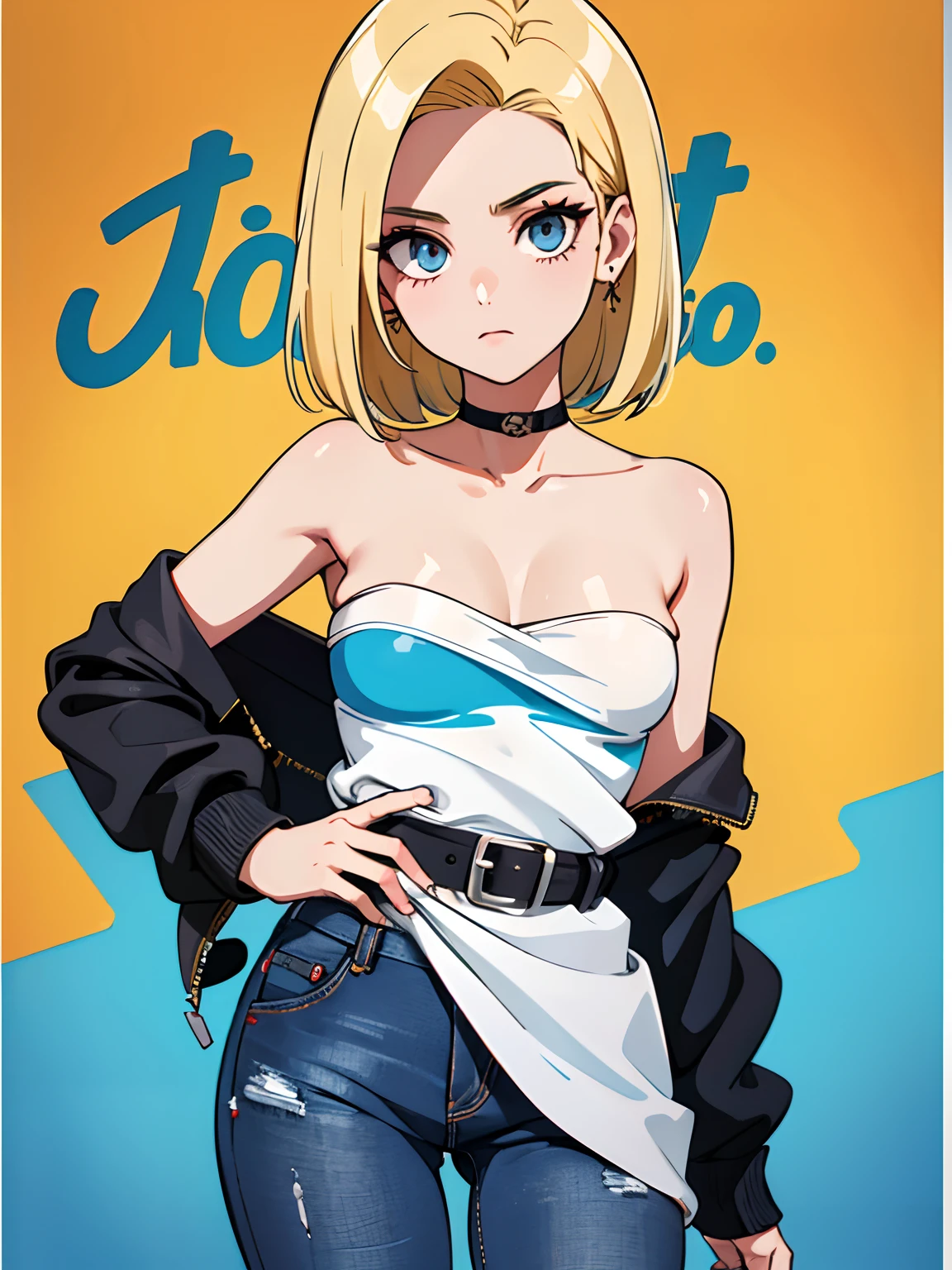 melhor qualidade, highres, and18, 1girl, android 18, solo, cabelo loiro, olhos azuis, (NSFW), cabelo curto, brincos, joias, colete jeans, colete aberto, Black pantyhosebloom, camisa preta, saia jeans, mangas longas listradas, saia azul, middlebreasts, tiro de cowboy, rua, (Peito expandido externamente: 1.2), (Strapless: 1.2), fora do ombro,