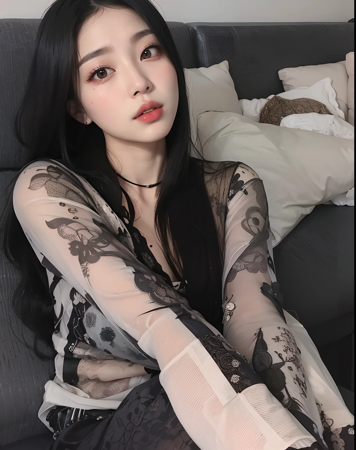 Araffed woman sitting on a sofa with a messy shirt in, linda mulher coreana jovem, cruel korean goth girl, Mulher sul-coreana bonita, menina coreana, gorgeous chinese model, Heonhwa Choe, Beautiful Asian girl, pose atraente, mulher coreana jovem bonita, posando na cama, Ulzzang, sexy look at the camera, Gongbi, Artista coreano