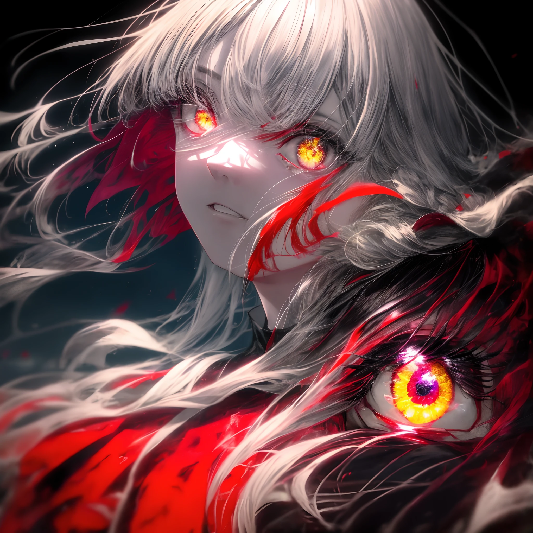 a closeup of big demonic eyes, compound eyes, Unique demon ghouls, Unusual pupils,Kaneki, Monochrome, Radioactive light, anime2018::1, yellow::1, Neon color::1,, Part 1.5, detaled face, ultra quality, Ultra Graphics, Flowering 1.0, l vampire, depression, ultra realistis, Anime IRL,Anime girl, Dark gothic Style, HDR, RTX, The body shatters , Detailed Face,soft-lighting, makoto sinkai,Digital Painting,looking up at the camera", 8K, big dreamy eyes,blurry, Smooth soft skin, Cloned face, Symmetrical,neon liquid, leaks from the eyes,anime art,photo, Face cracking , ......key: yellow, blood from the eyes, Realistic, Realistic light, Realistic anime, realistic shadows, Liquid, depressive, Clouds, Sakura, spider lily , A detailed eye, eyes focus, Lashes, fluffy lower eyelashes:1.5, pale face, Very yellow eyes, gloomy horror atmosphere, Scary picture, woods, mist, Neon yellow Liquid, flowing down from the trees, Dark atmosphere, The body shatters, braids, Sateen, blood on the ground, fire, eye closeup,The Better Generation, Ultra Generation, Generation 3000, 2048×2048......, Face detailing, Detailing clothes, Symmetrical balance, Tokyo Ghoul, death note, castlevania, l vampire, Kaneki, Anime 2020, Water and sky, black hair,Detailed hair, Tokyo Ghoul, death note, castlevania, Kaneki, l vampire, Depressive art, depression, ennui, Sadness, cry, pain, Black smoke, Black Energy, Tentacles, Kagune, bloods, blood on the face, A sea of blood, fetters, barbed wire, fire, Wide-angle camera, lots of fine detail, spider lily, Sakura, Sweet, Scalopendra, Black background, horror film, Hole in the case, Dead Inside, Dead Art, lying on the grass, Manga style, comic style, Multiple frames, The body is destroyed, Manga page, Eyes are everywhere, Lots of eyes in the background, Drawing of Ishida sui, art of Ishida sui, in the style of Ishida sui, Two people, in full growth, depressive posture, Spider flowers