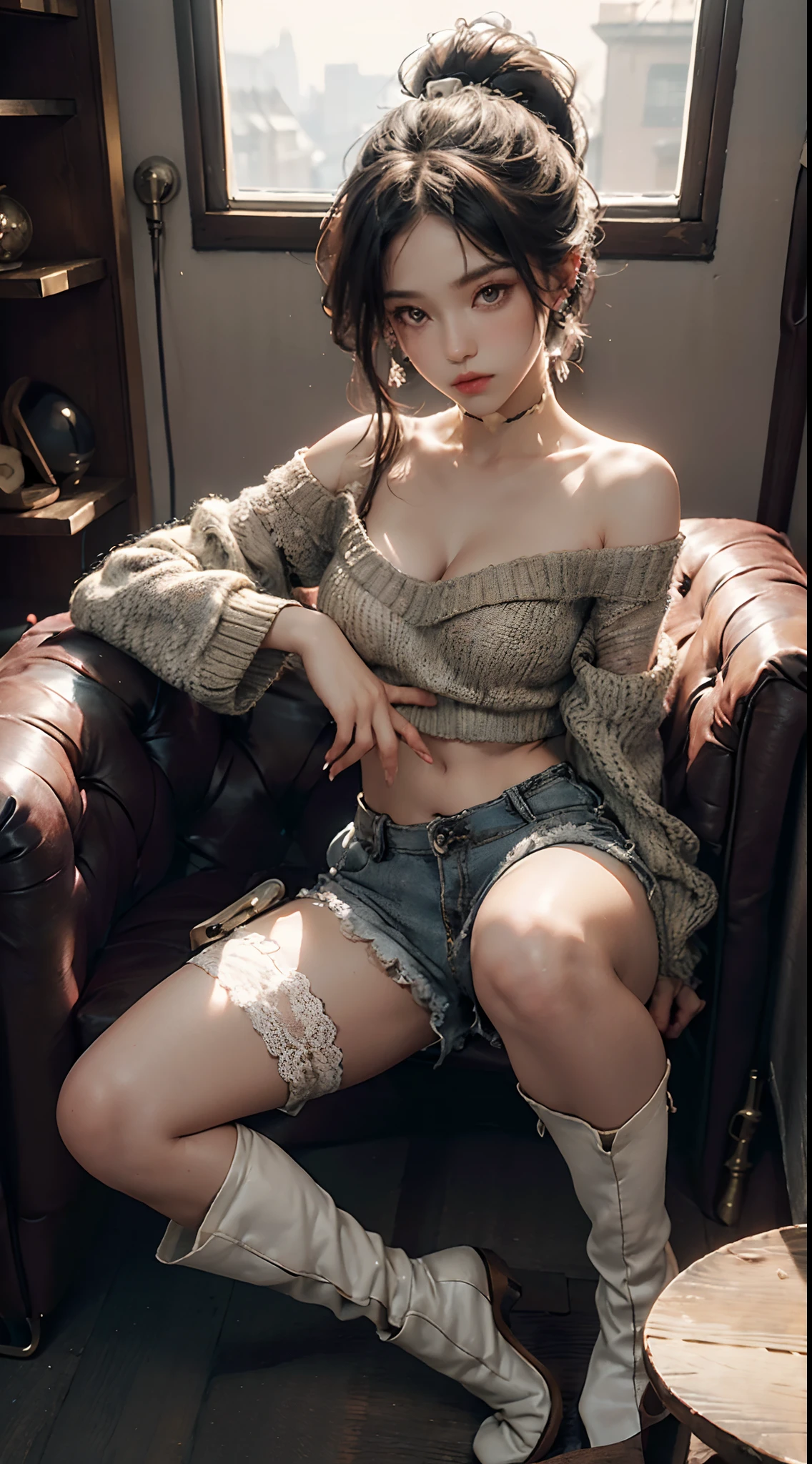 (wearing Random ombre drop shoulder crop sweater, Contrast binding tracker shorts, transparent lace underwear, Over-the-knee block heel boots:1.3), Long Braided Ponytail hair, head and full body, Extremely cute human eighteen  girl, very beautiful and feminine, short, petite, beautiful breast, small, busty buttocks, large bust, large breast, cleavage display, flat belly display, detailed eyes, detailed nose, super detailed on face, partial accessory with earring on the ear, very stylish, award-winning product design, tights, Shiny breast top opens at the cleavage and abdomen, stylish, glowing trims, atmospheric perspective, 8k, super detail, Accurate, best quality,