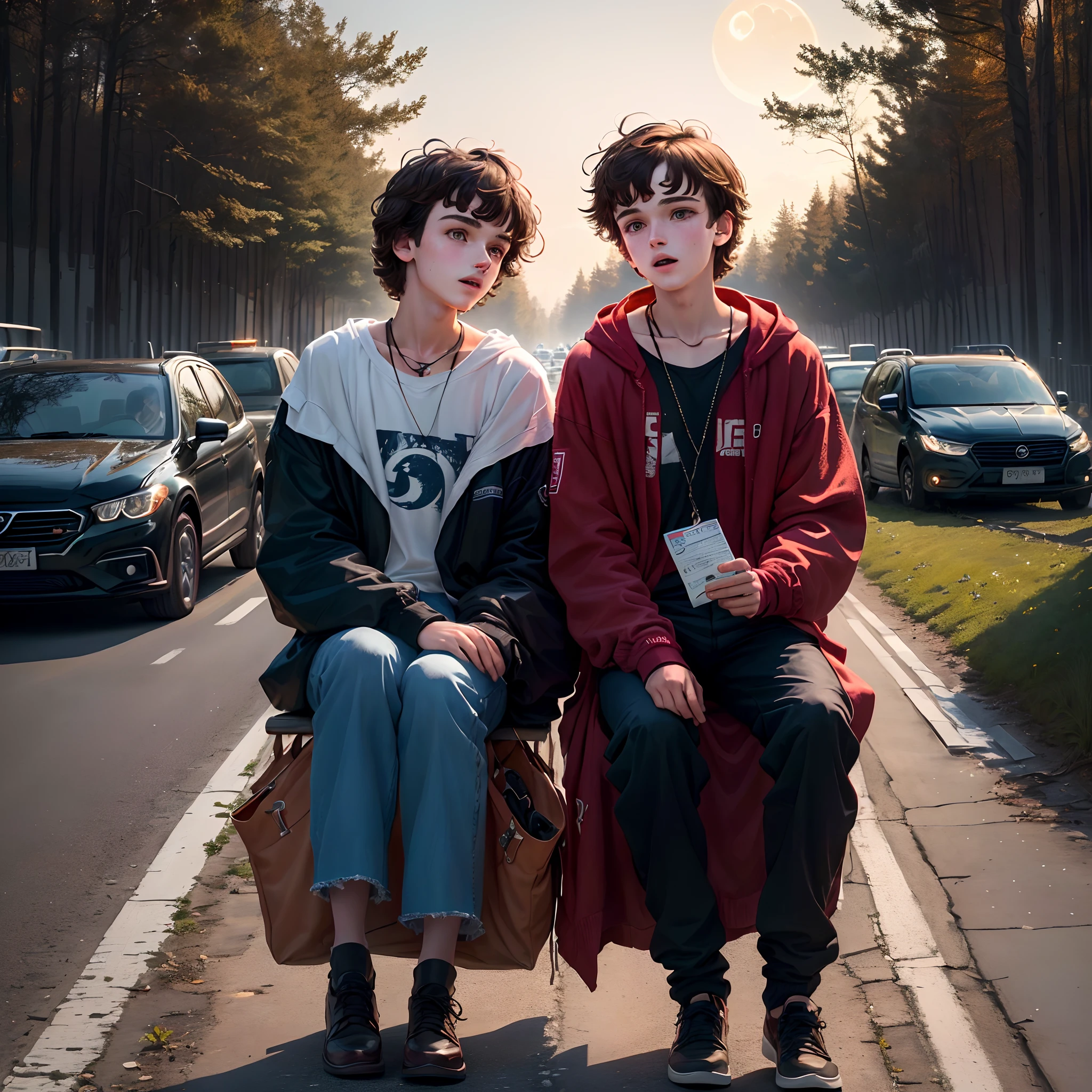 image dans le style "strangerthings"
un jeune homme de dos, robuste , chauve qui porte une petite barbe noire conduit une voiture, il tient le volant d'une main et de l'autre main il caresse un labrador noir assis sur le siège passager, il a un collier rouge. Ils roulent sur une route déserte dans une ville sombre et lugubre qui traverse une forêt. il y a la lune dans le ciel et des éclairs