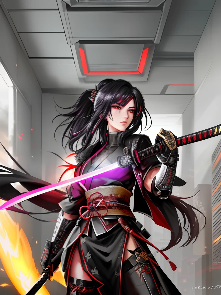 Close-up of a man with a sword, very beautiful cyberpunk samurai, Glowing katana