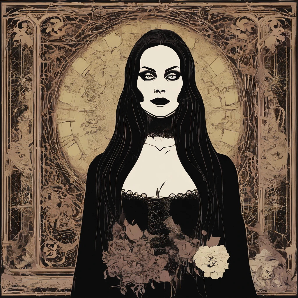 Gomez and Morticia Addams,creepy black and white portrait,dark and eerie composition,vintage black-and-white film aesthetic,delicate black lace detailing,carefully styled facial expressions of passion,deep set eyes,fierce gazes,dramatic lighting,subtle smoke effects,mysterious atmosphere,aesthetic gothic fashion,high contrast and sharp details,rich and textured shadows,ominous aura,hauntingly beautiful love,embrace of darkness,old Hollywood glamour,authentic film grain,macabre romance,shadowy silhouettes,black roses,crimson lipstick,pale skin,traditional family values with a macabre twist,humorous and twisted love story,classic horror theme,haunted mansion setting,Victorian era fashion and decor,moody and atmospheric setting,black-and-white cinematography,dark and twisted minds,eternal bond of love and death,Gomez's slicked back hair and mustache,Morticia's long flowing hair and tight-fitting black dress,passionate and intense romance,brooding and mysterious personality,fanciful and creepy mansion interior,gothic architecture,hauntingly beautiful visuals.