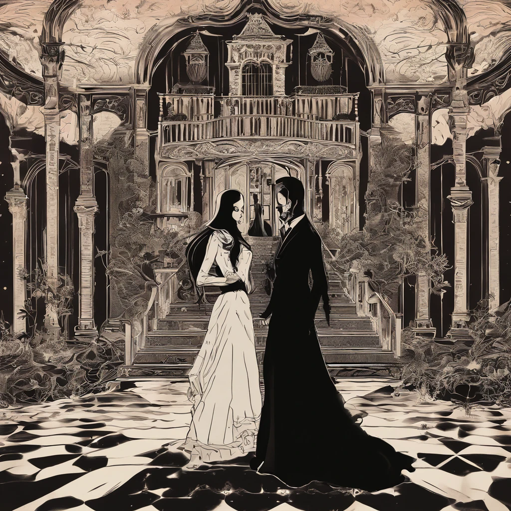 Gomez and Morticia Addams,creepy black and white portrait,dark and eerie composition,vintage black-and-white film aesthetic,delicate black lace detailing,carefully styled facial expressions of passion,deep set eyes,fierce gazes,dramatic lighting,subtle smoke effects,mysterious atmosphere,aesthetic gothic fashion,high contrast and sharp details,rich and textured shadows,ominous aura,hauntingly beautiful love,embrace of darkness,old Hollywood glamour,authentic film grain,macabre romance,shadowy silhouettes,black roses,crimson lipstick,pale skin,traditional family values with a macabre twist,humorous and twisted love story,classic horror theme,haunted mansion setting,Victorian era fashion and decor,moody and atmospheric setting,black-and-white cinematography,dark and twisted minds,eternal bond of love and death,Gomez's slicked back hair and mustache,Morticia's long flowing hair and tight-fitting black dress,passionate and intense romance,brooding and mysterious personality,fanciful and creepy mansion interior,gothic architecture,hauntingly beautiful visuals.